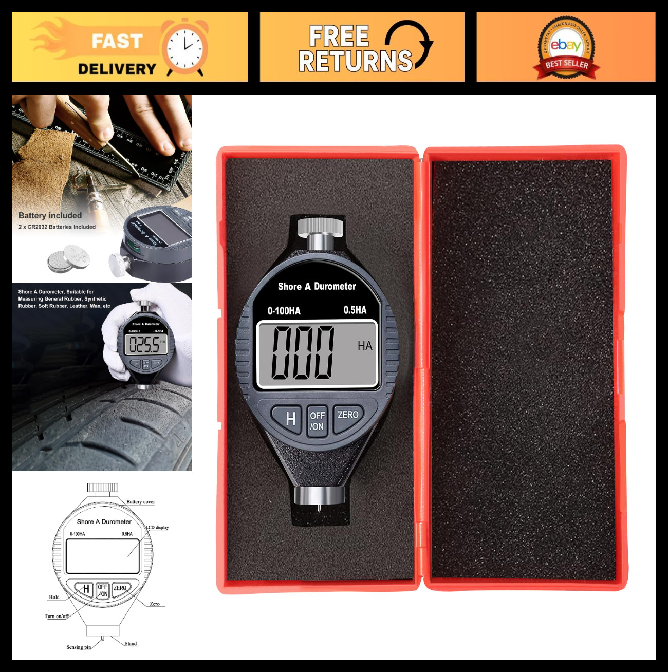 Digital Durometer Shore Type A 0-100HA Hardness Tester for Rubber, Plastic, Tire