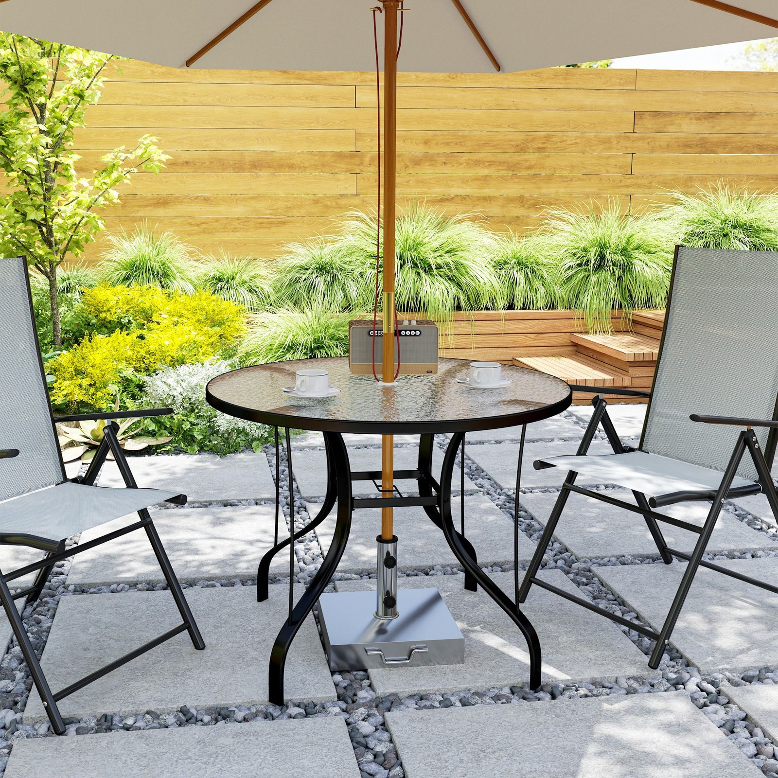 Black 38" Round Dining Table: Tempered Glass, Rust-Proof Frame, 110lb Cap
