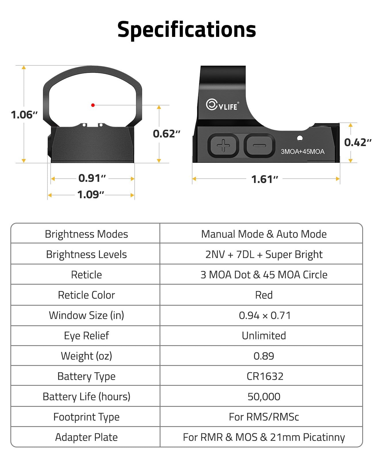 Auto-Brightness Compact Red Dot Sight Multi-Reticle Motion Awake RefIex Sight US