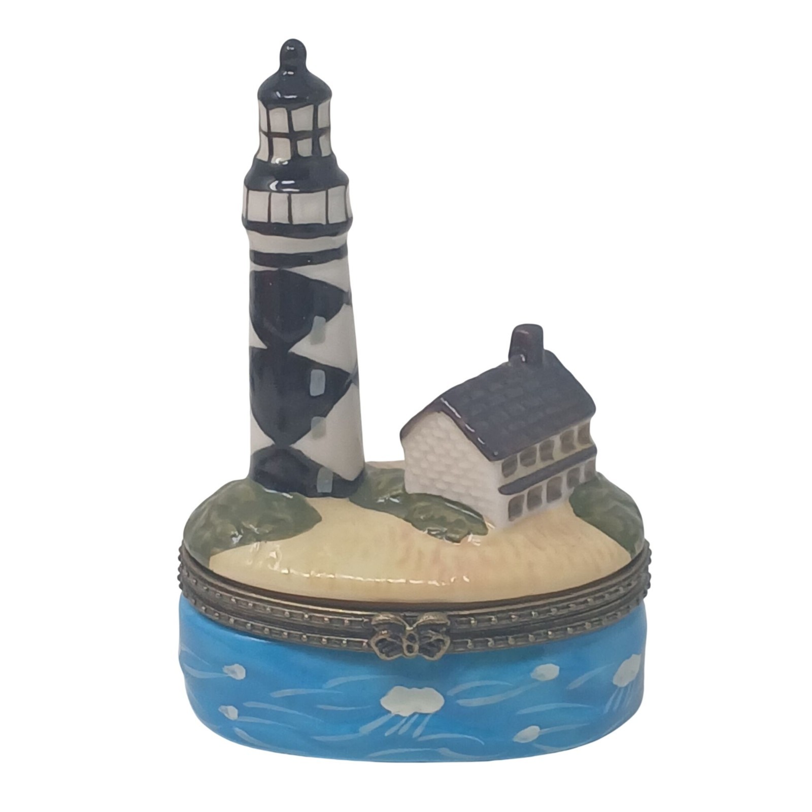 Lighthouse Porcelain Trinket Box Coastal Scene Bronzetone Hinged Closure #S-2