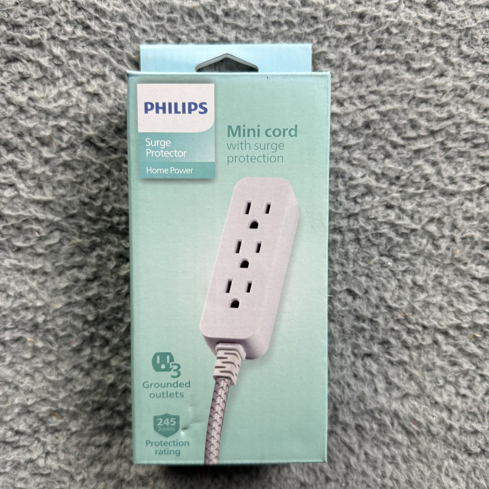 Philips Surge Protector Braided Mini Cord Power Strip 3 Outlets 6in White New