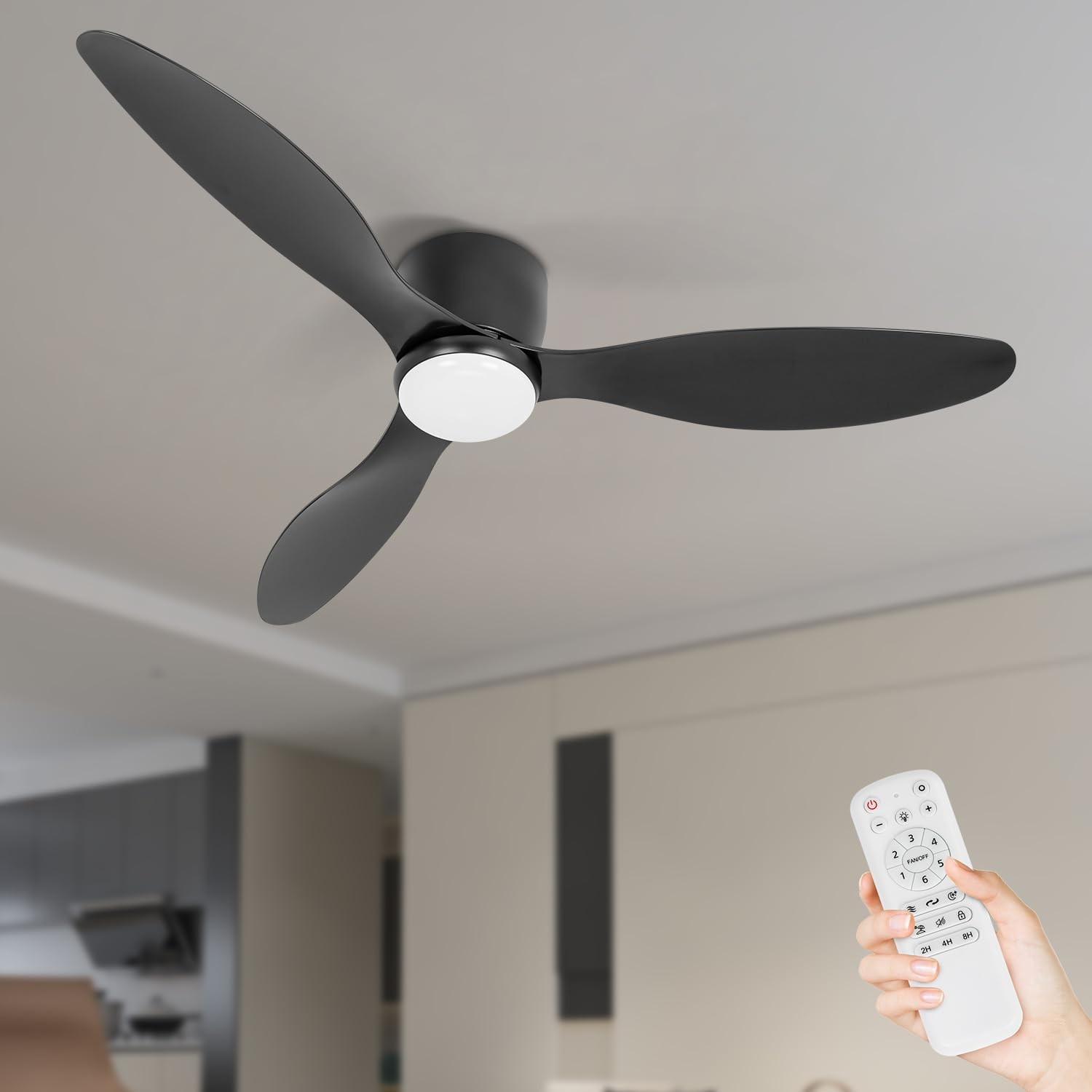 52" Ceiling Fan with Light amd Remote, Black Flush Mount Low Profile Ceiling ...