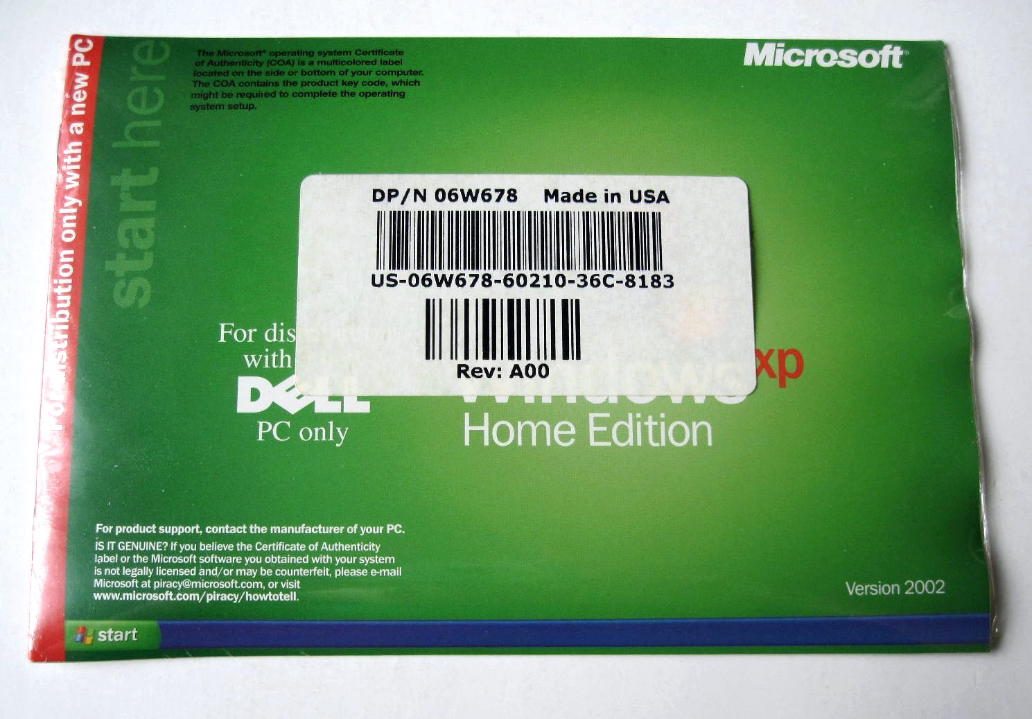 Dell Windows XP Home Edition w/ Service Pack 1 Reinstallation CD, Sealed
