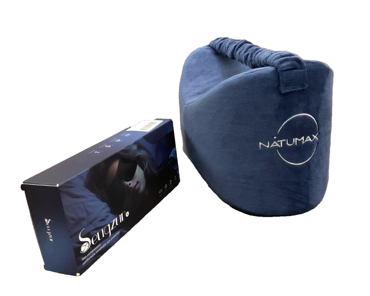 Natumax Knee Pillow For Side Sleep Pain Relief + 3 Pack Eye Masks (Blue)