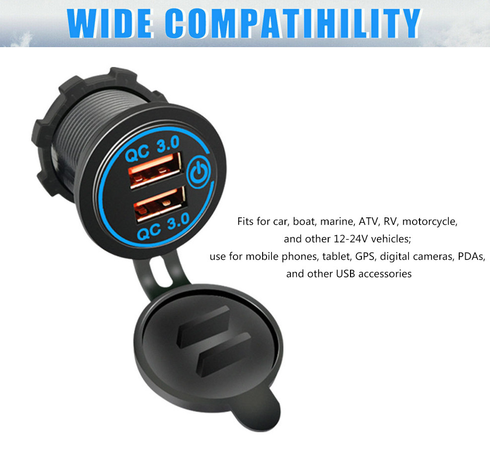 2X Car 12V USB Outlet Quick Charge Socket 3.0 Dual USB Power Outlet Touch Switch