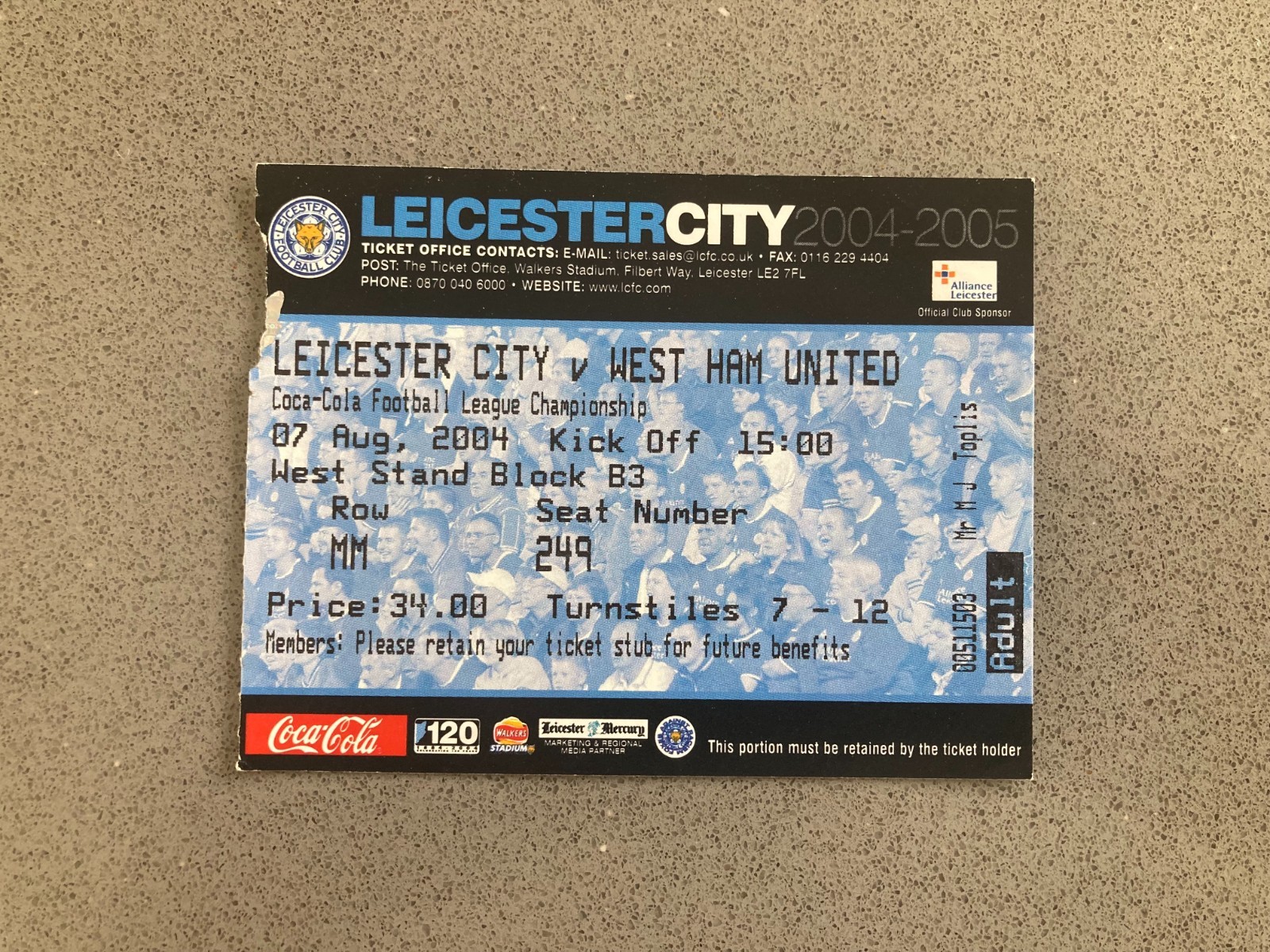 Leicester City v West Ham United 2004-05 Match Ticket