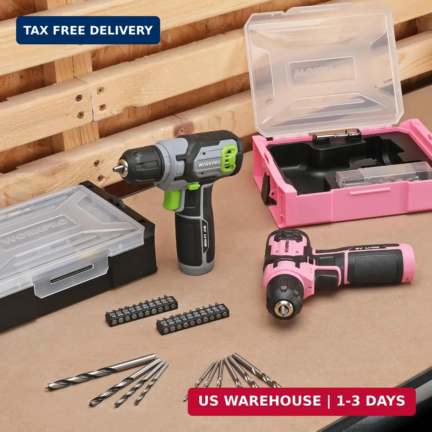 Pink Power Drill Set and Stackable Tool Box, 8V Cordless Drill Driver wi