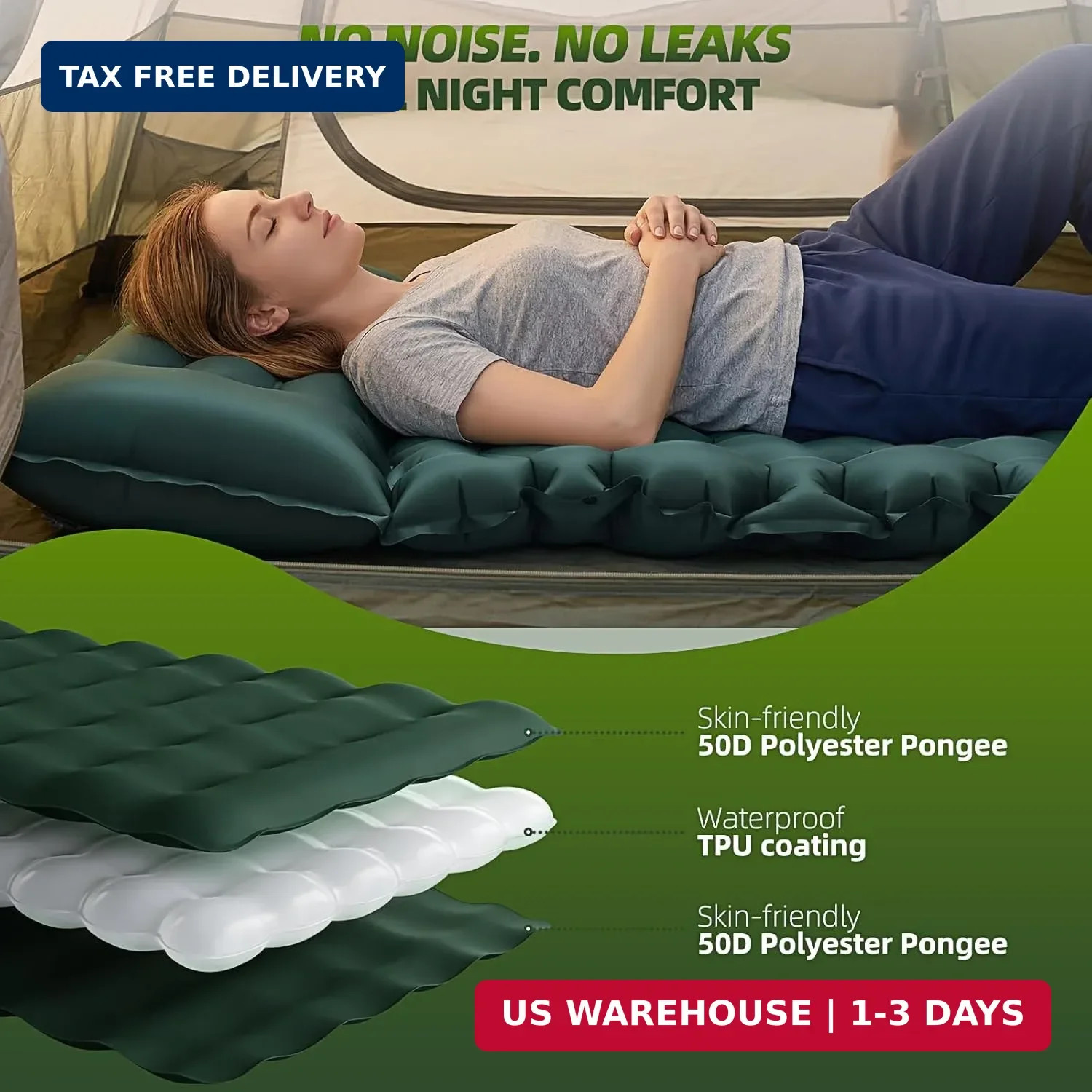 Double Camping Sleeping Pad, 4" Extra Thick 2 Person Inflatable Sleeping Pad