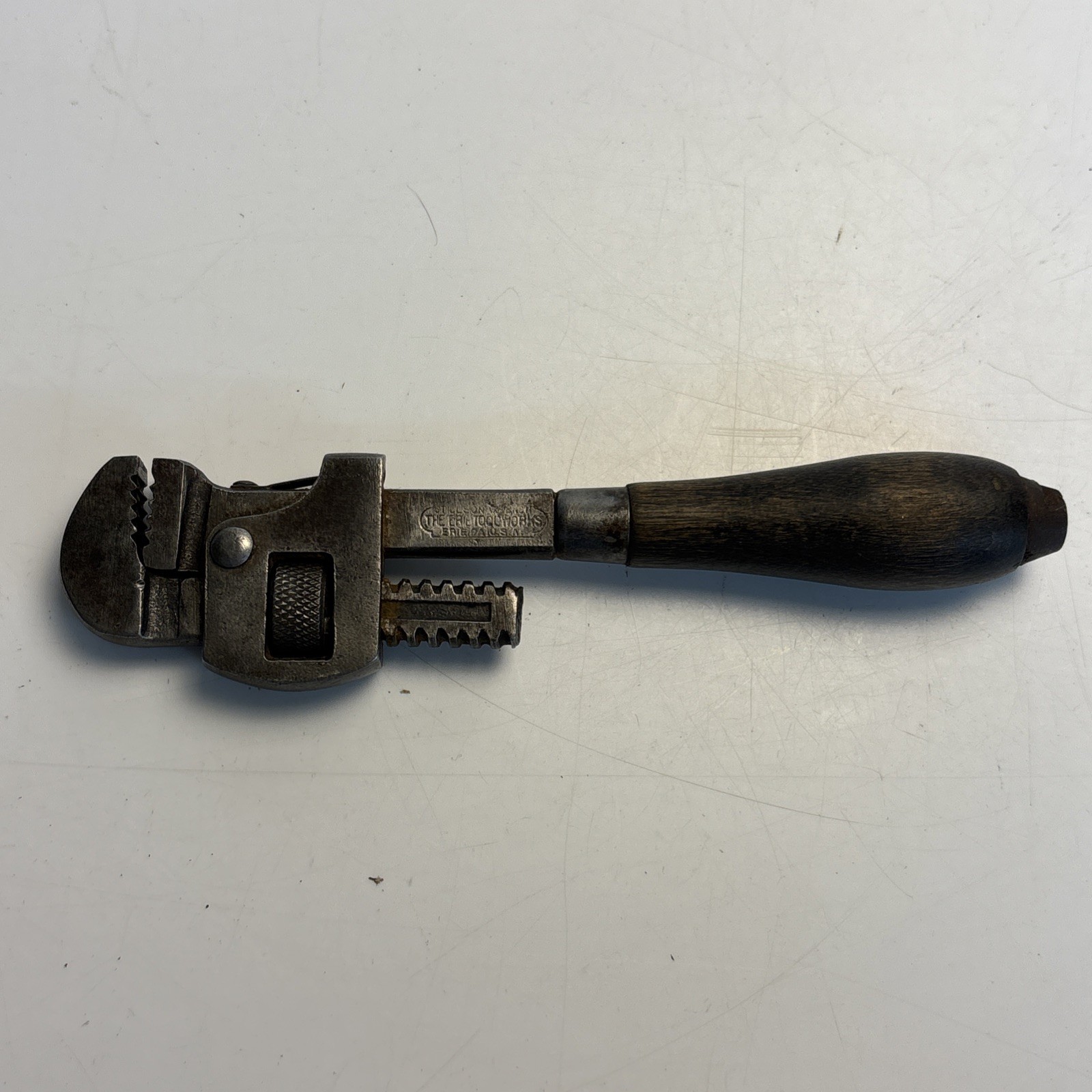Antique Erie Tool Works Stilson Pipe Wrench 6” Wood Handle USA