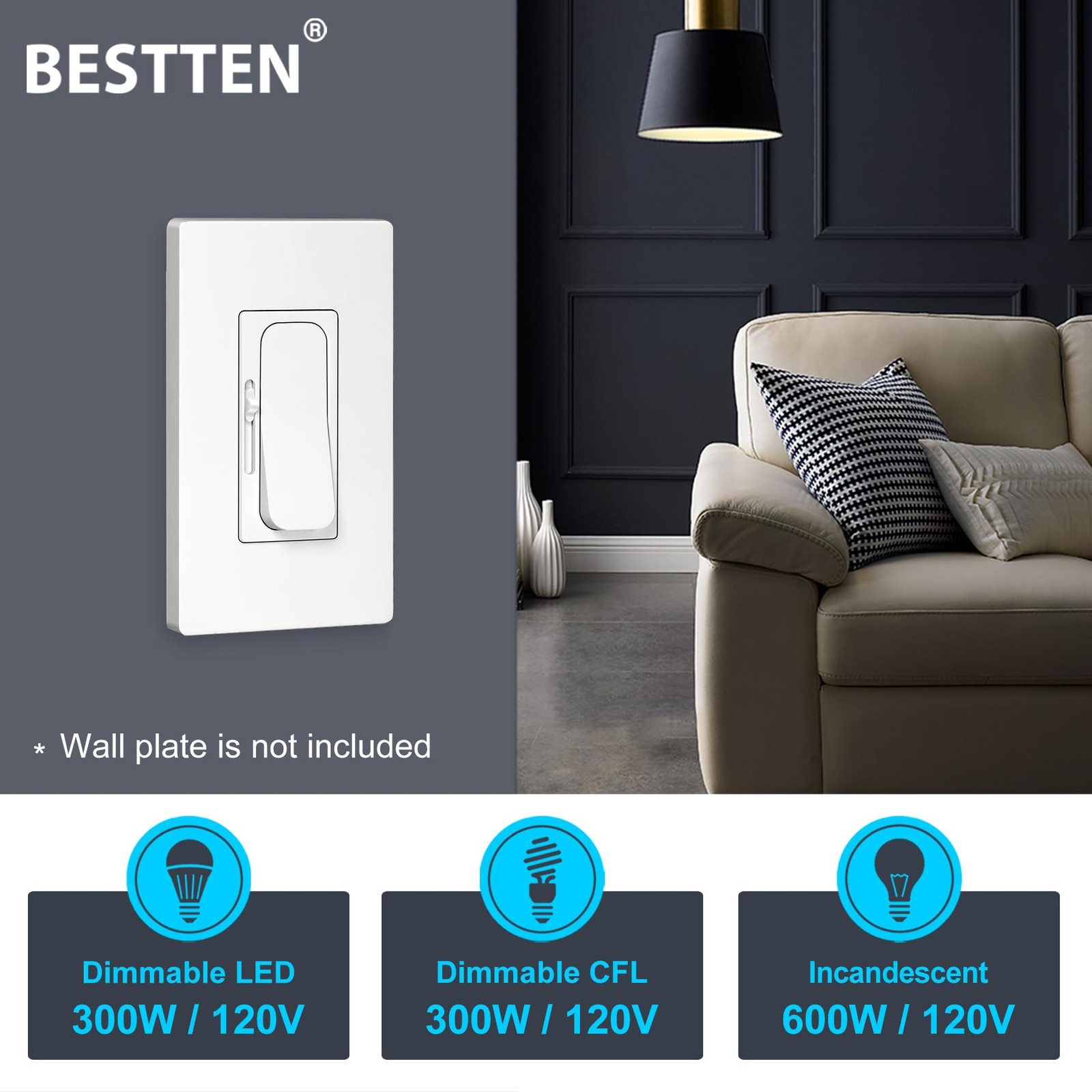 5 Pack Super Slim Quiet Dimmer Light Switch, Smooth Slide Dimmer Switch, Sing...