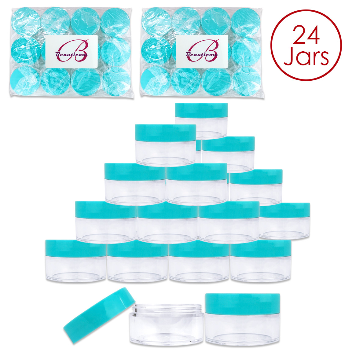 Beauticom® (24 PCS) 20G/20ML Round Clear Plastic Refill Jars with Teal Lids