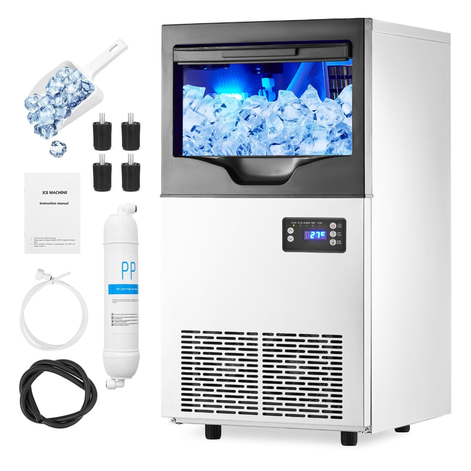 Commercial 100Lbs/24H Commercial Ice Maker Machine & 33Lbs Storage ice Bin