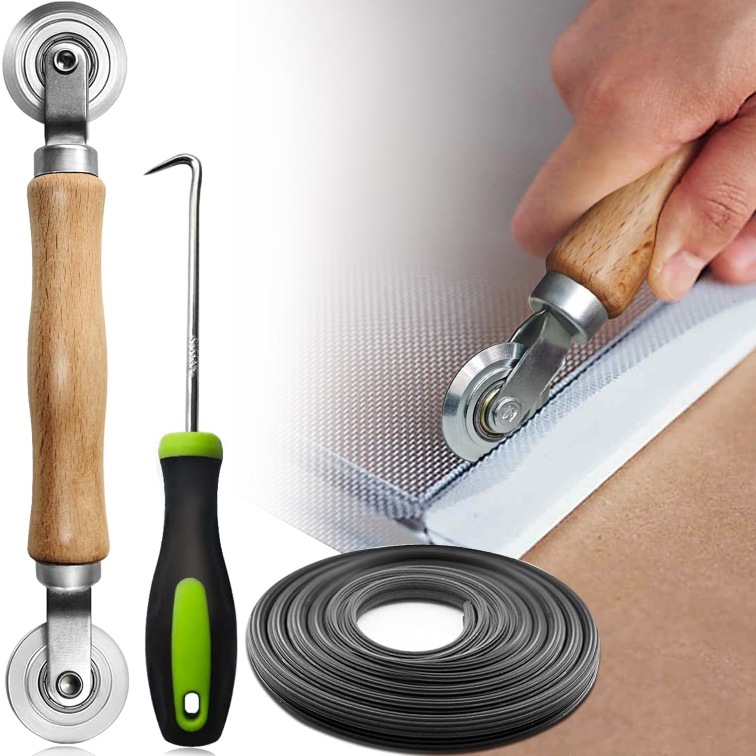 Screen Repair kit, Screen Roller Tool, Steel Roller with Bear+32ft Screen Spline
