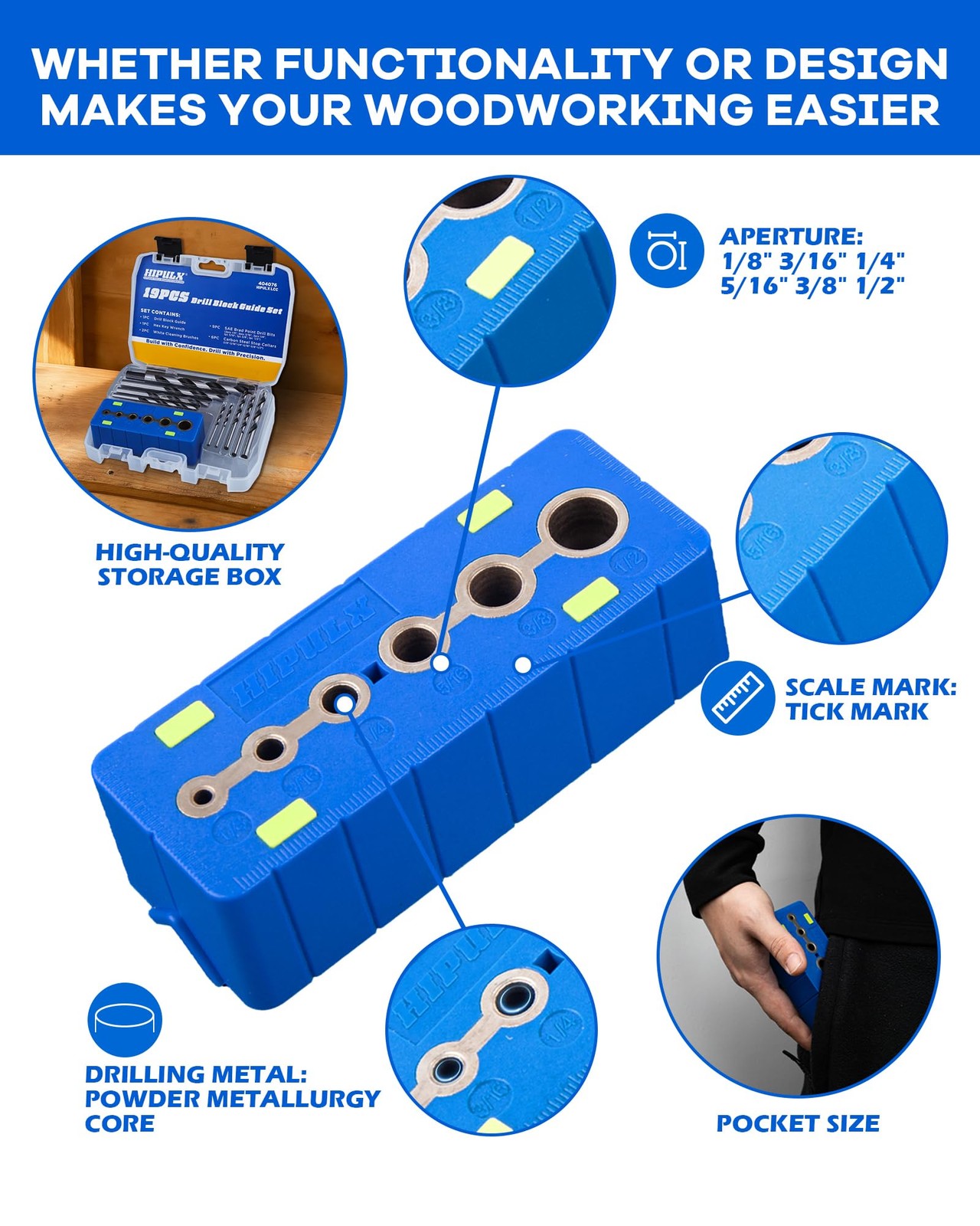 Drill Block Guide Set for Straight Holes with Drill Bits & Stop Collars – Com...