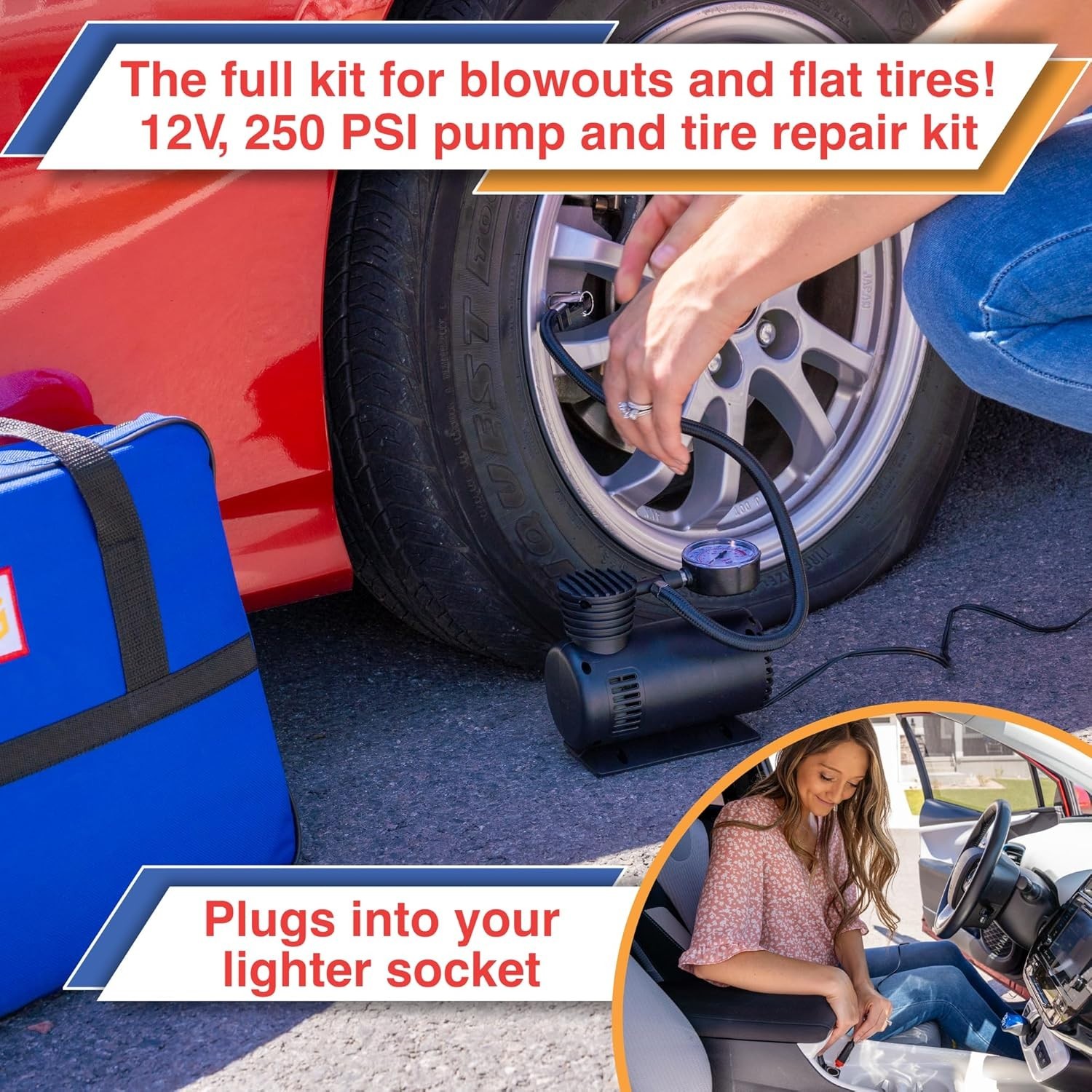 Car Emergency Kit with Air Compressor, First Aid, Tow Strap and More