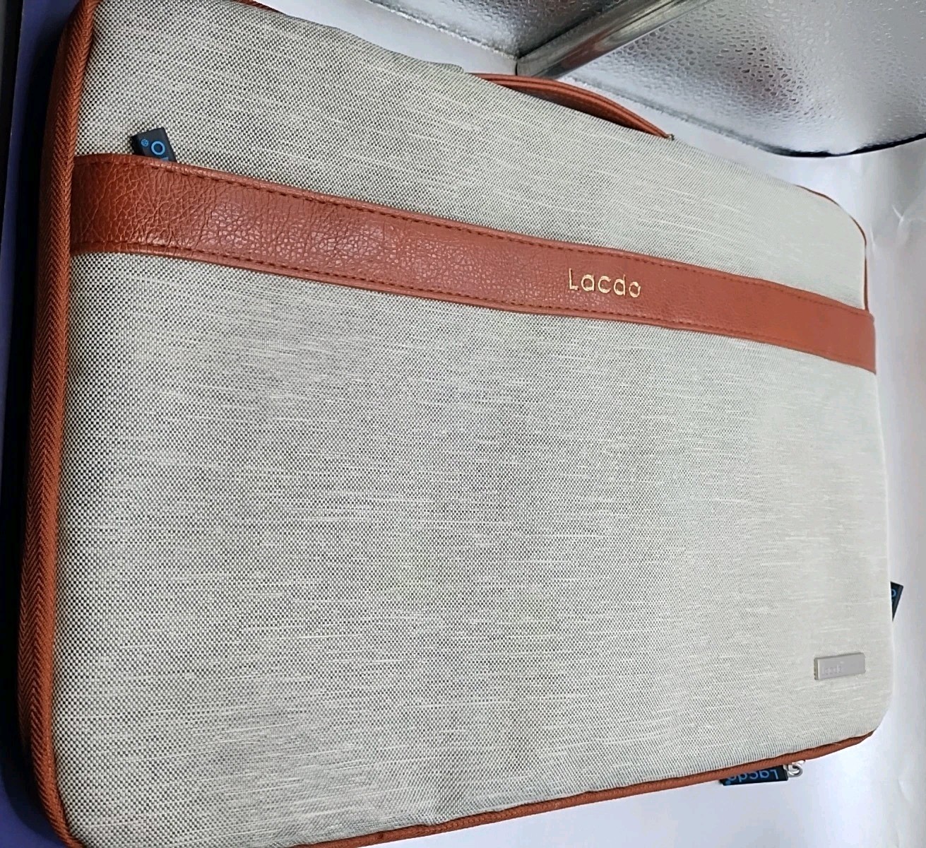 Lacdo Laptop Case Computer Bag Light Gray Brown Trim Excellent Condition