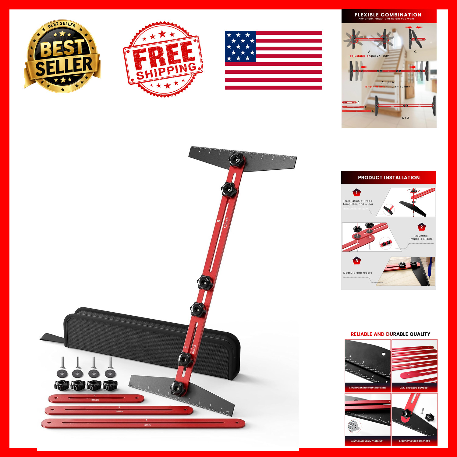 Stair Tread Template Tool 8-60 Inch 360 Degree Adjustable Aviation Aluminum Jig