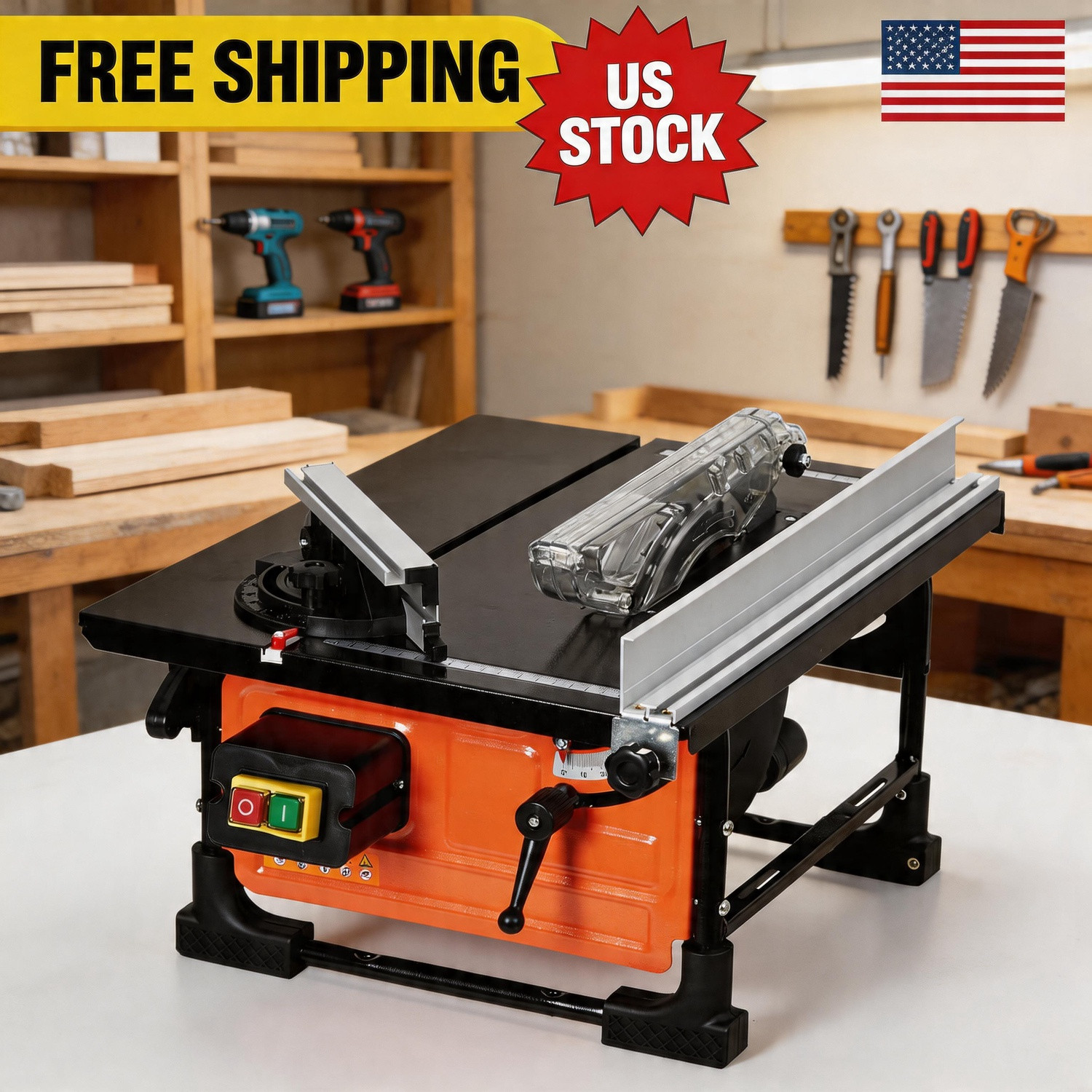 Table Saw for Jobsite, 8-inch 6.7-Amp Copper Motor, Cutting Speed up to 3576RPM
