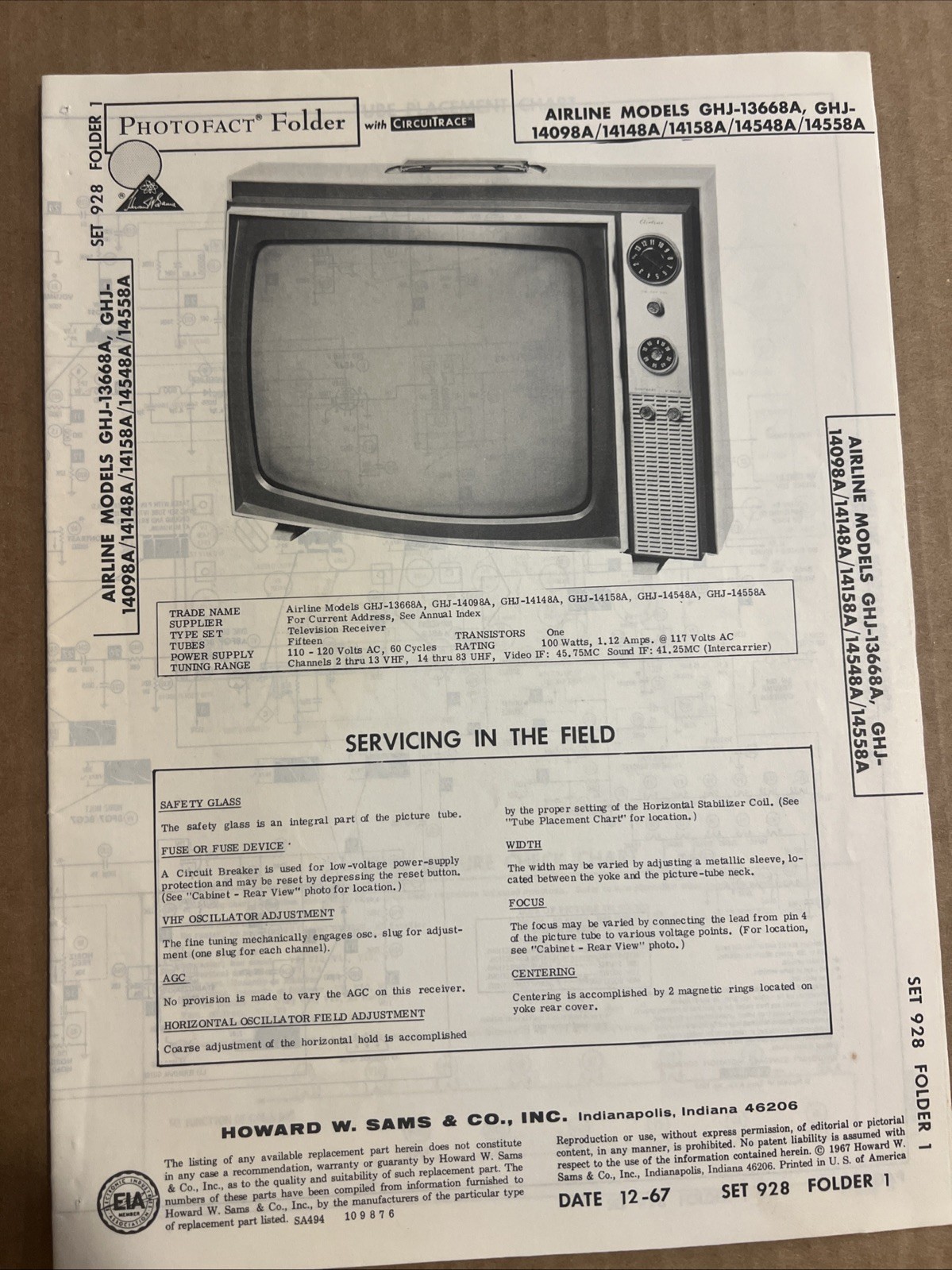 Vintage Sams Photofact Schematic 12-1967 AIRLINE MODELA GHJ- 13668A, GHJ-14098