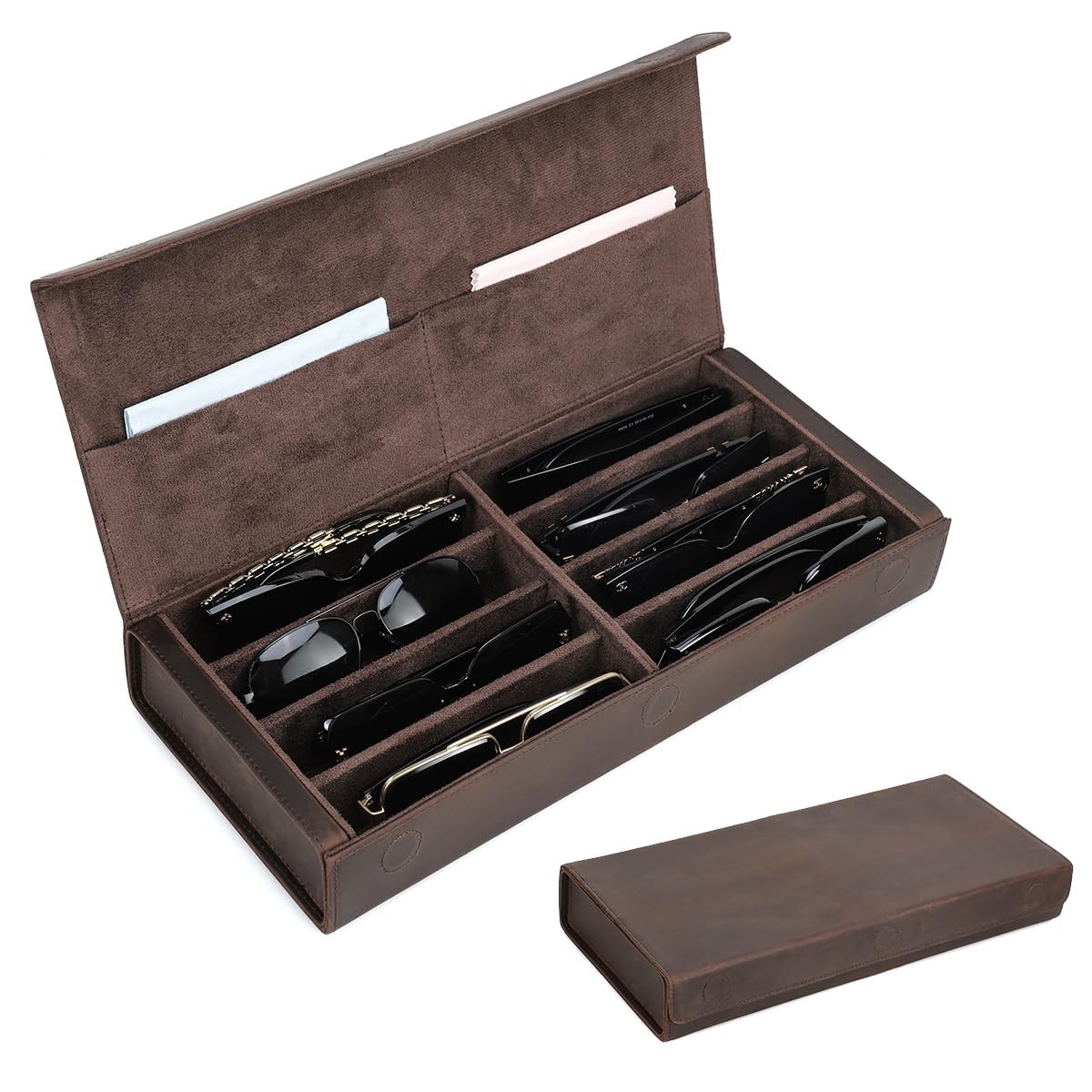 CONTACTS Crazy Horse Leather 8 Slot Sunglasses Case for Men Multiple Sunglass...