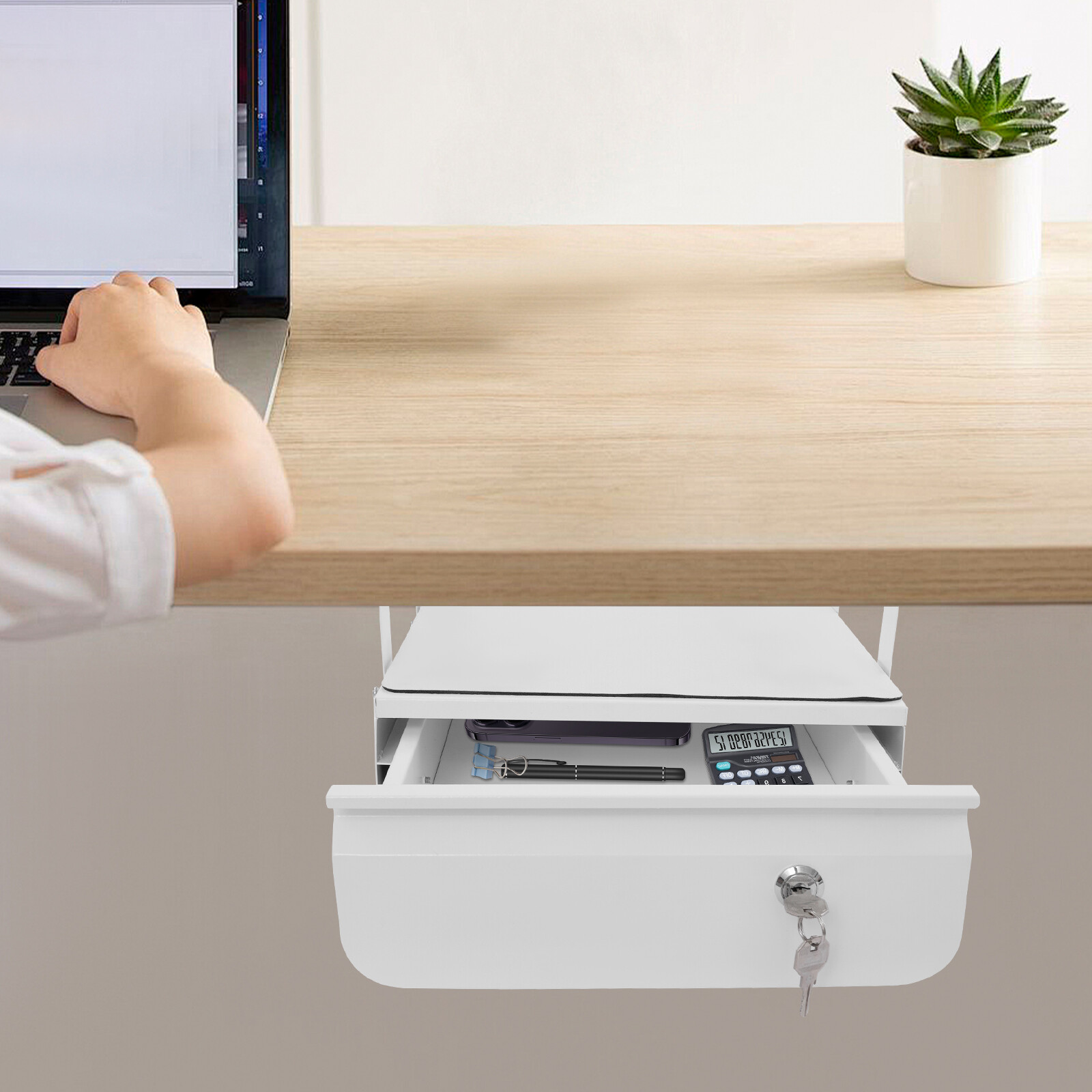 Lockable Under Desk Sliding Pull-Out Drawer Space Saver Sliding For Home/Office