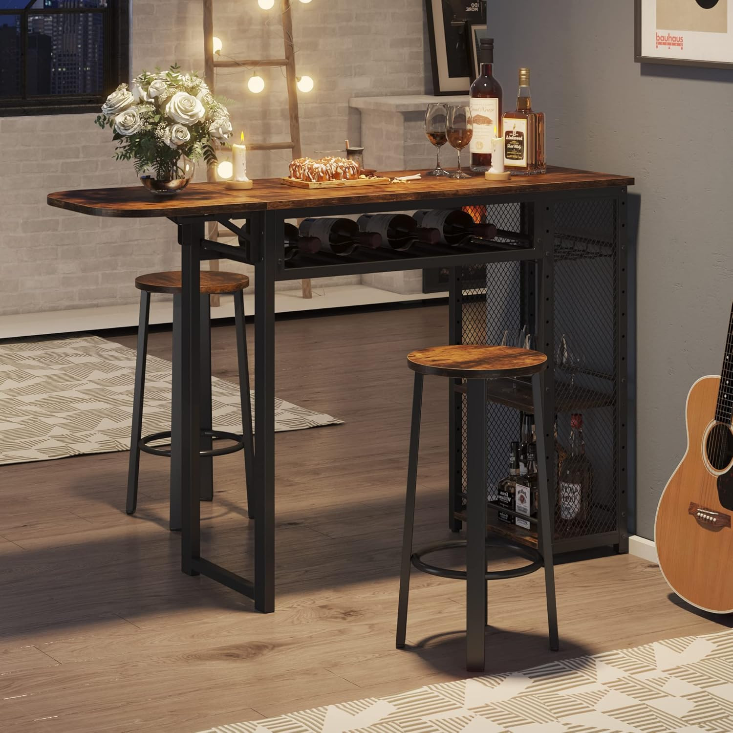 Expandable Bar Table Set with 2 Stools, Wine Rack & Storage Shelves