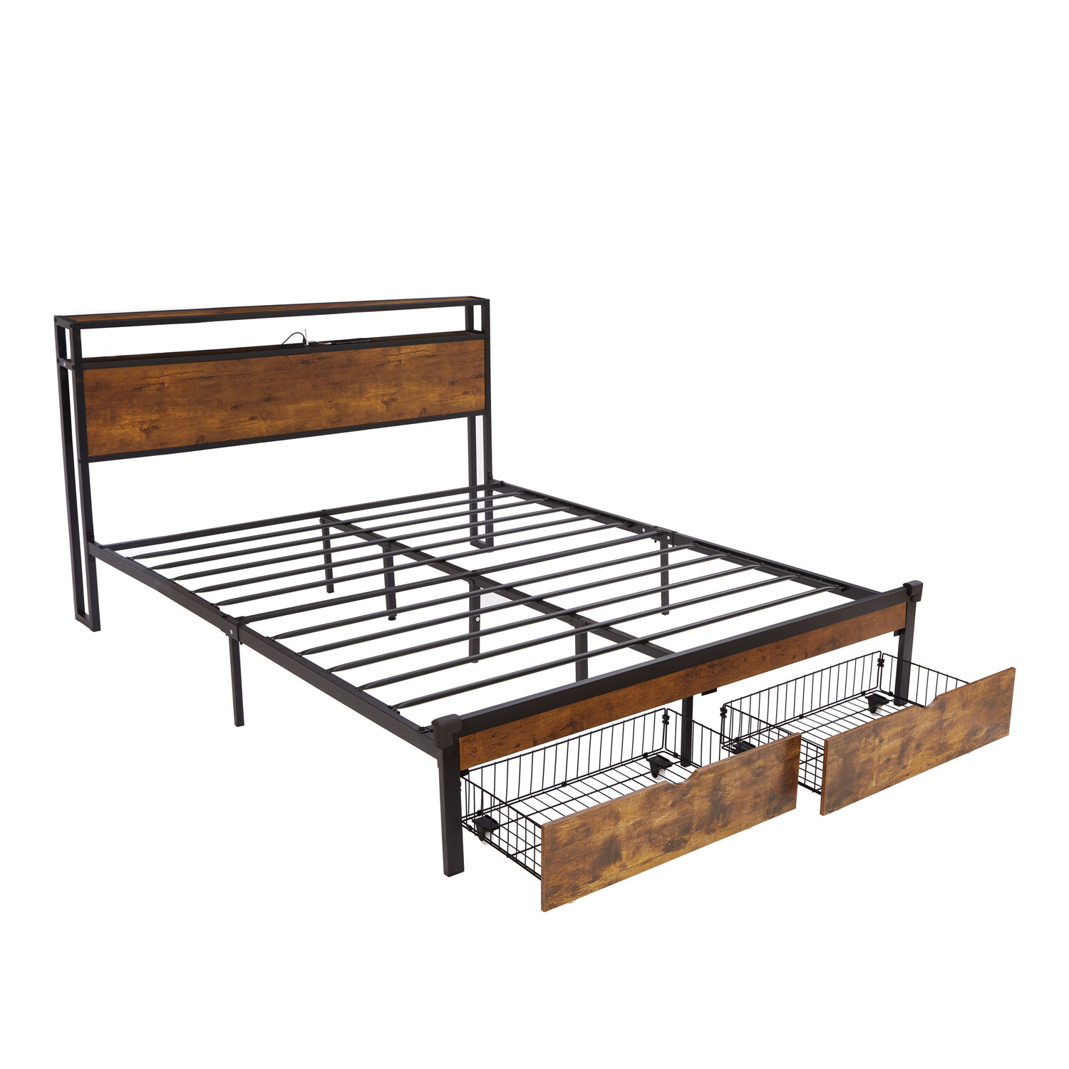 Full/Queen/King Size Bed Frame Metal Platform Bed with Charging Station US