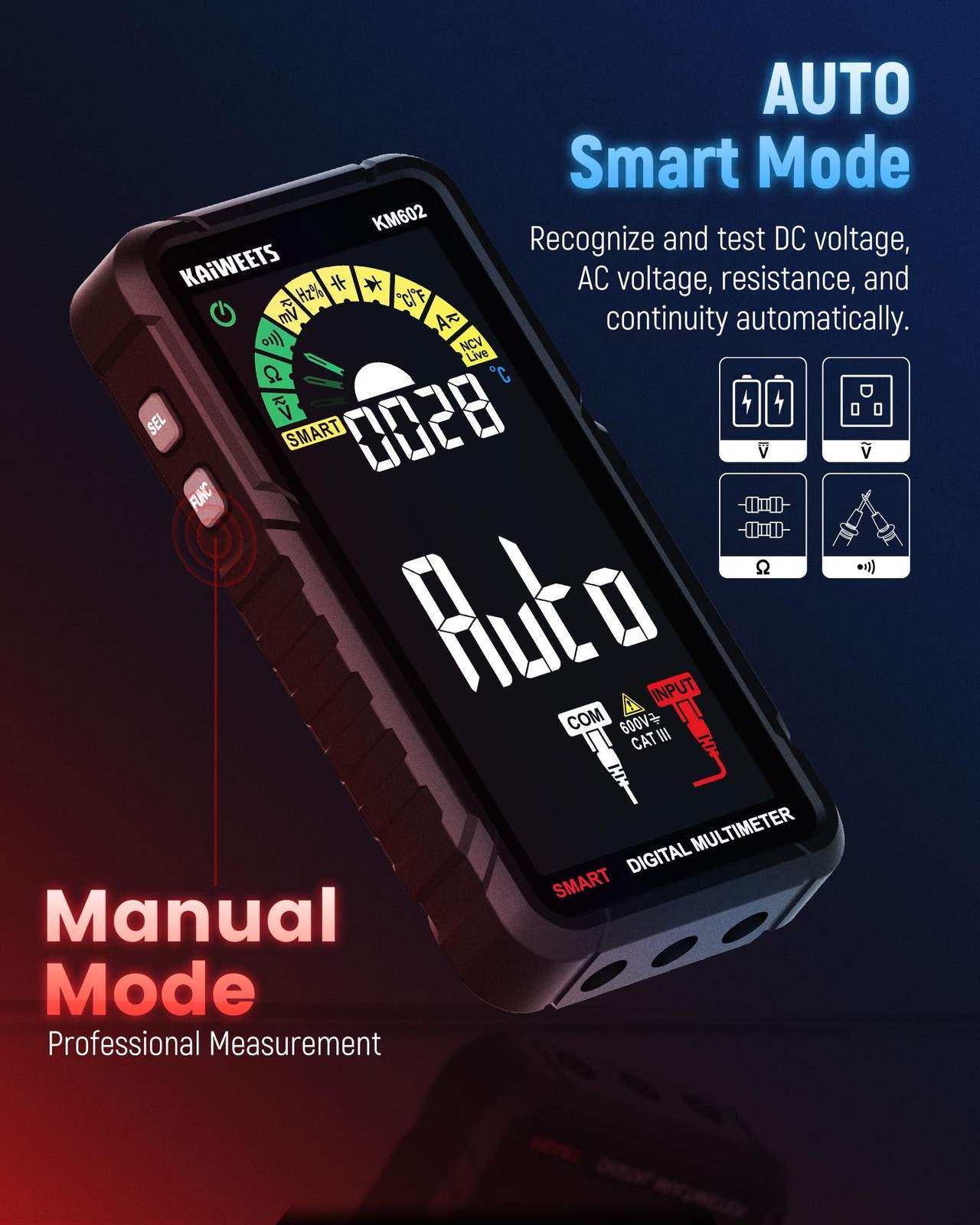 Smart Multimeter Auto Ranging Digital Voltmeter 6000 Counts TRMS NCV