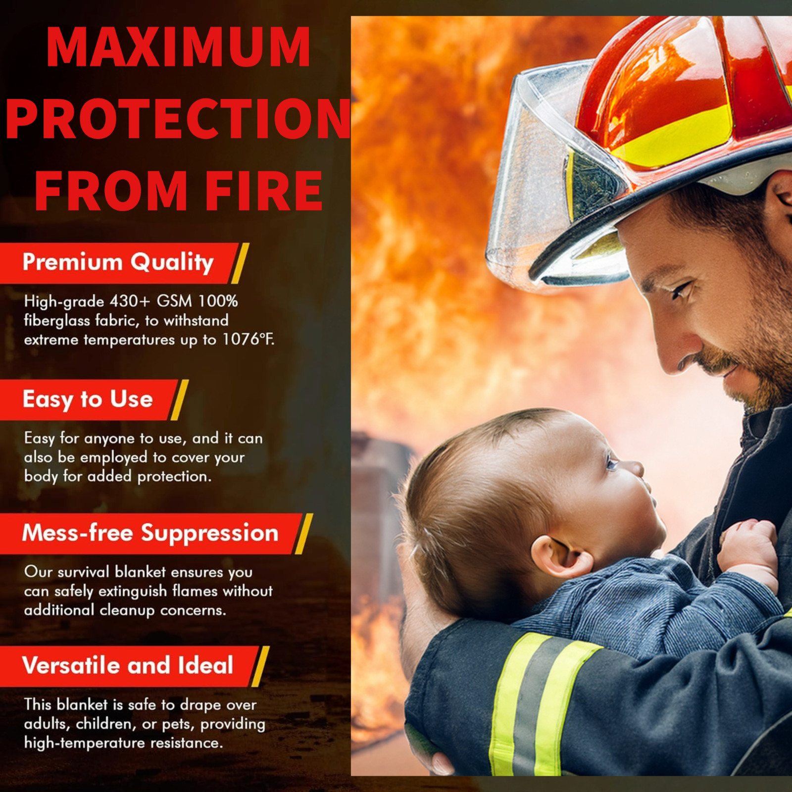 Emergency Fire Blanket W/Hook, For Home & Kitchen, Fire pits, BBQ - 4 Pack