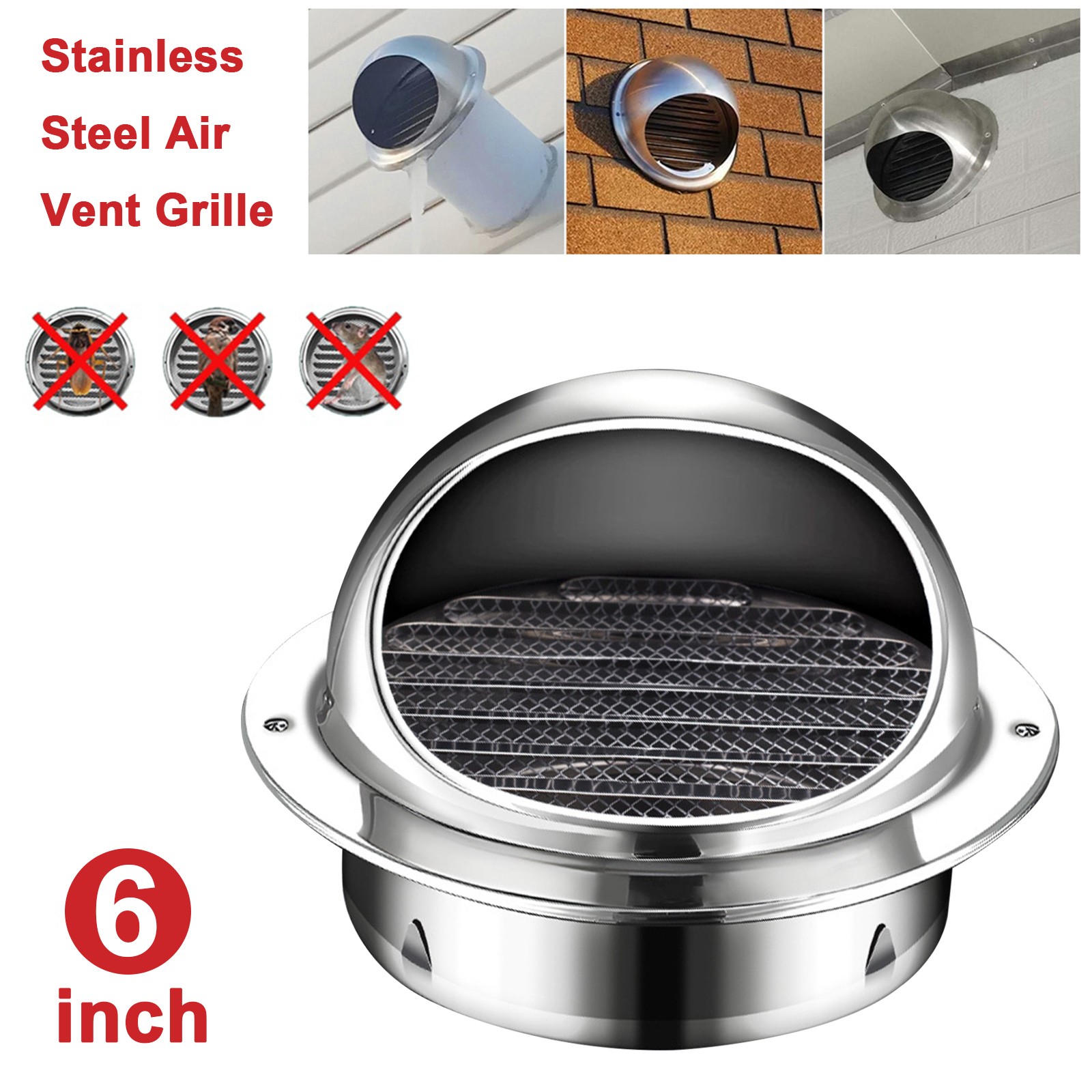 6" Duct Fan Soffit Air Vent 304 Stainless Steel Round Wall Outlet Grille Cover
