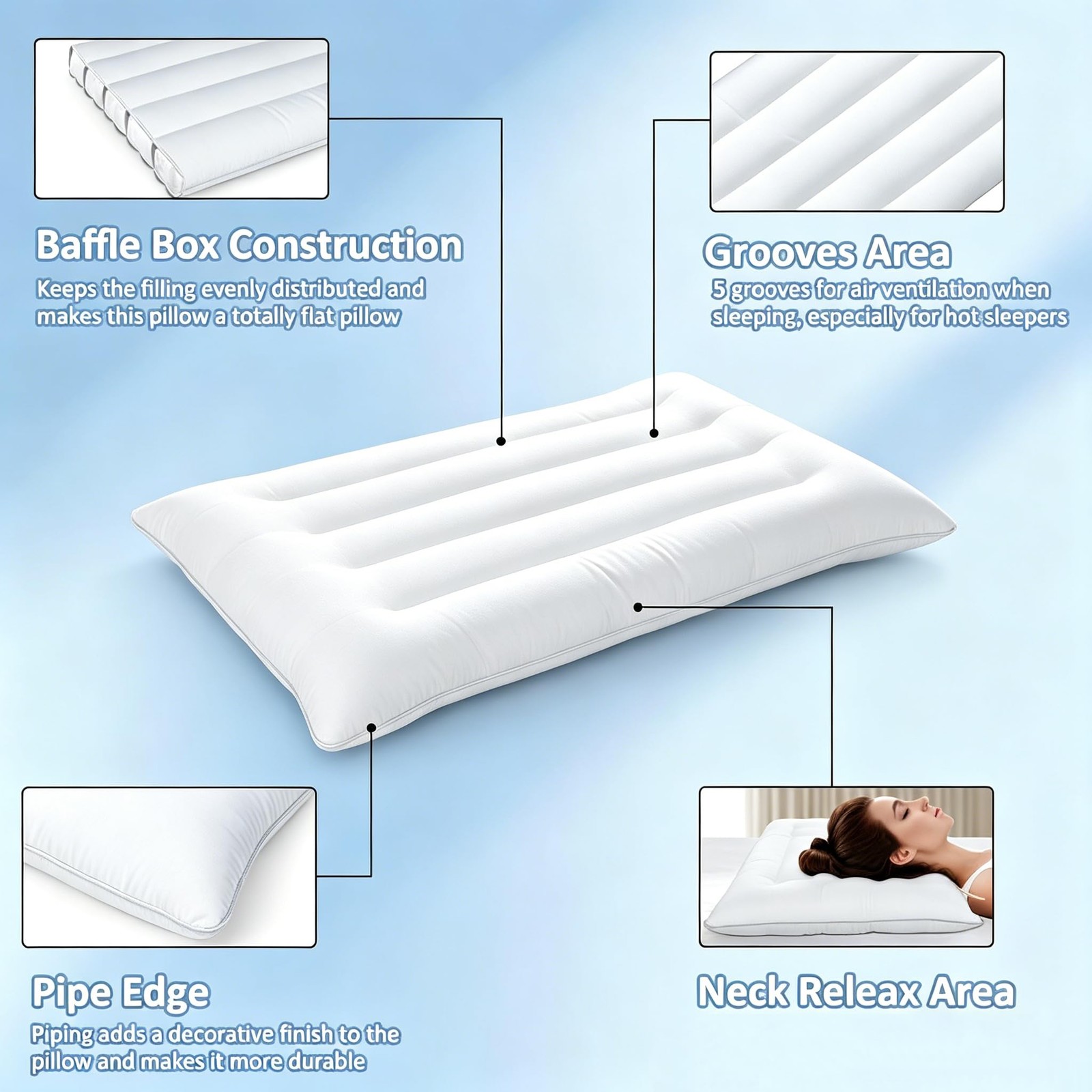 Flat Pillows for Sleeping Thin, 7D High Support 2.5 inch Height Ultra Thin
