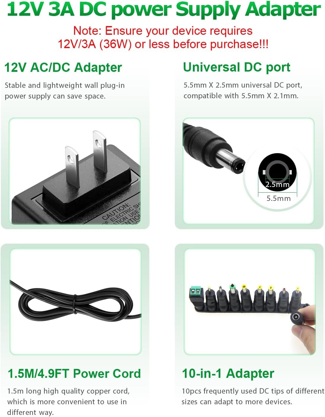 12V 3A Power Supply Adapter 36W Ac/Dc Charger AC 100V-240V to DC 12Volt 3Amp Pow