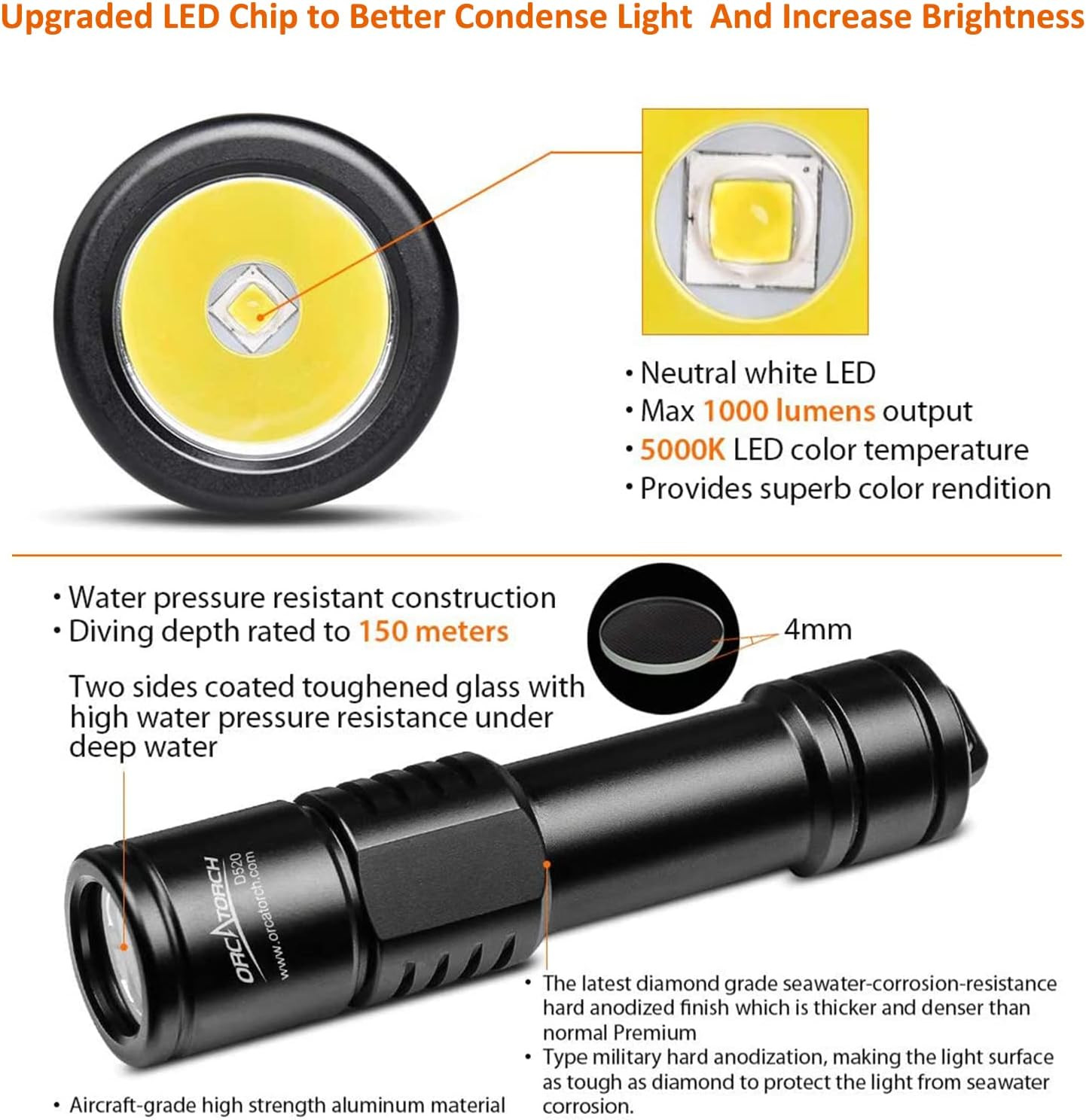 ORCATORCH D520 Scuba Dive Light 1000 Lumens Compact Diving Flashlight IP68 Water