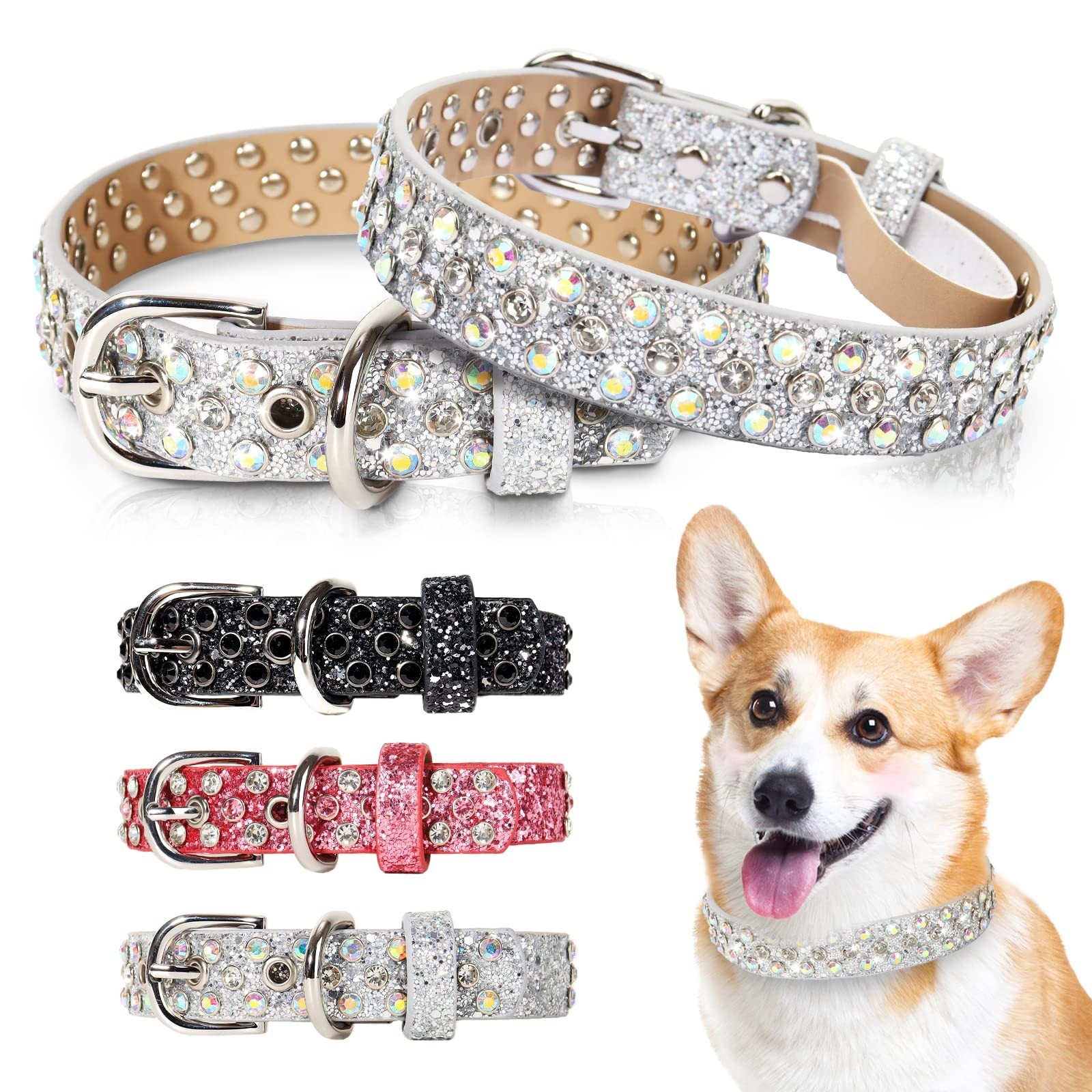 Rhinestone Leather Dog Collar Bling Dog Collars for Small Medium Large Dogs -...