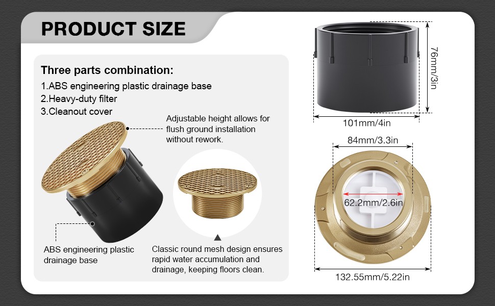 2 Pcs Adjustable Floor Cleanout, 3-Inch ABS Wheel Connection Height-Adjustable,