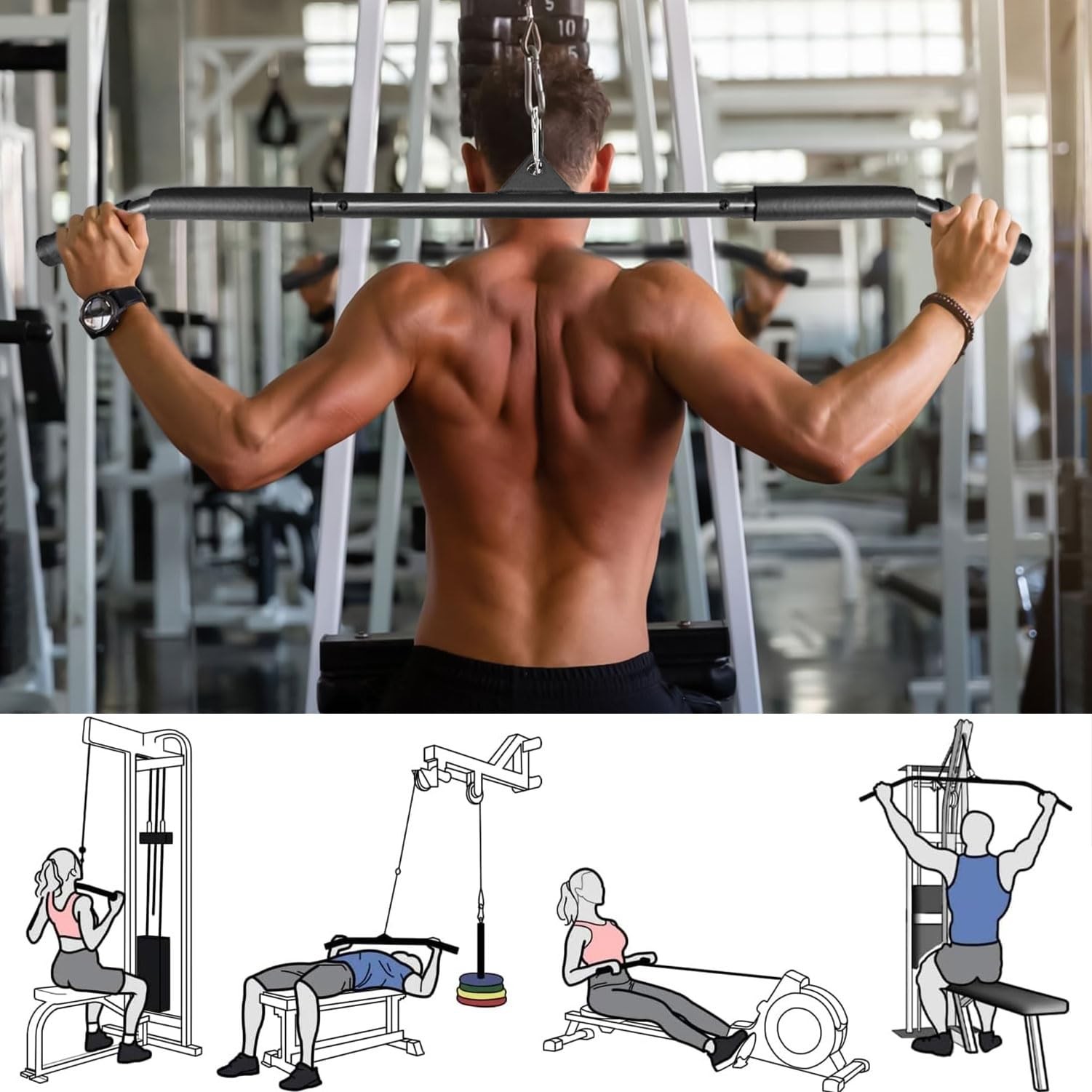 Favuit LAT Pulldown Bar Attachment for Pulley Cable Machine, Tricep Press Dow...