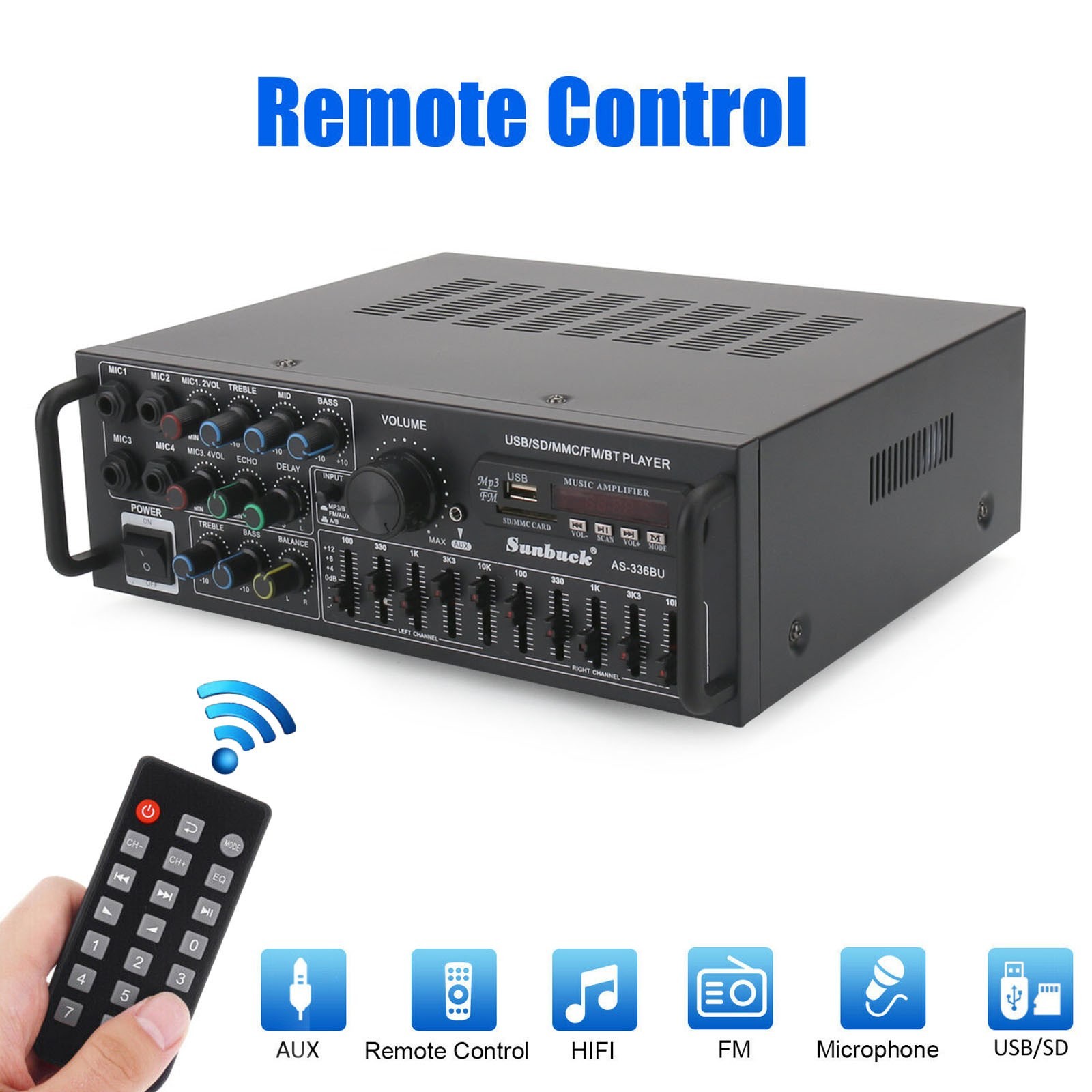 Sunbuck 2000W Power Amplifier 2-CH Bluetooth 5.0 Stereo FM USB EQ AUX w/ Remote