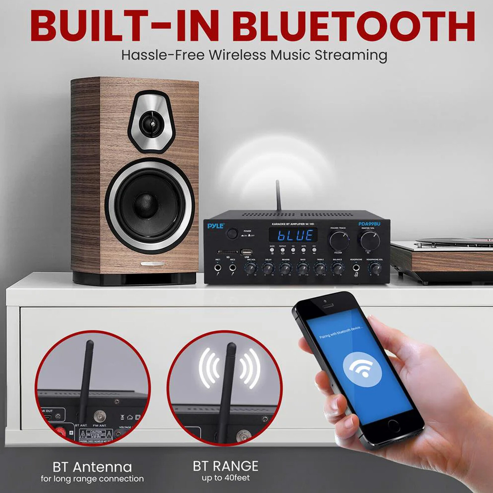 Pyle PDA99BU 2-Channel Home Audio Bluetooth Receiver, 2x 4" 200W Speakers, Wire