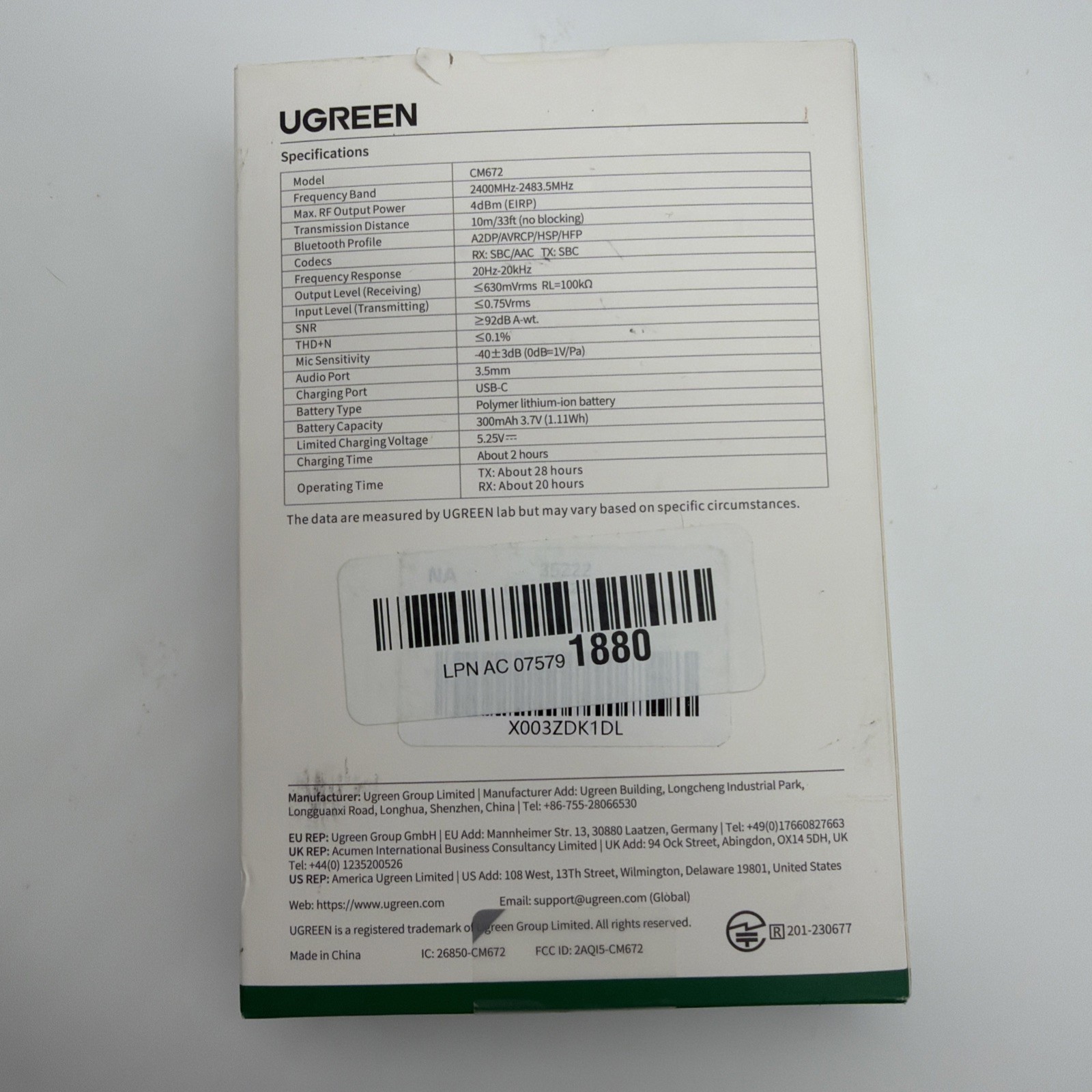 UGREEN Airplane Bluetooth Audio Receiver and Transmitter Adapter CM672