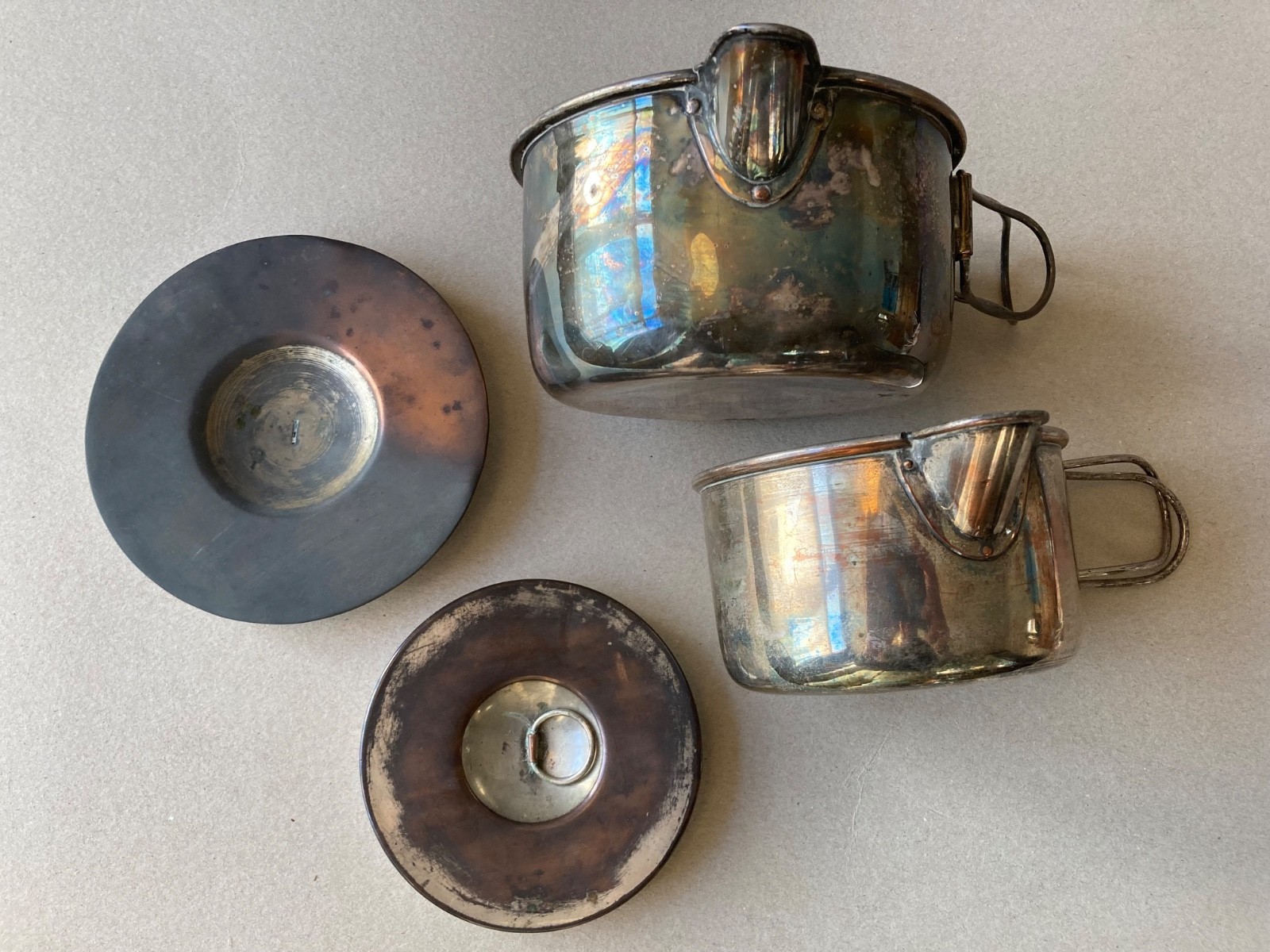 Antique pair of Nesting Billy Cans & lids, Drew maker, Plate on Copper