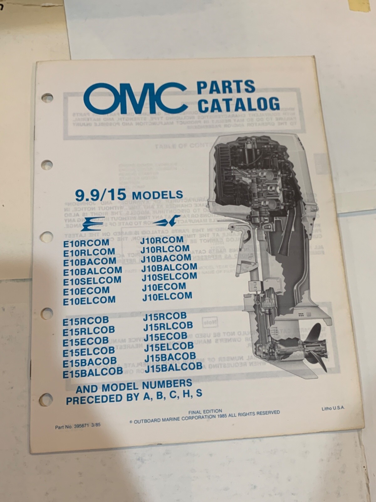 OutBoard Marine Corp. 9.9/15 Models, Parts Catalog 1985