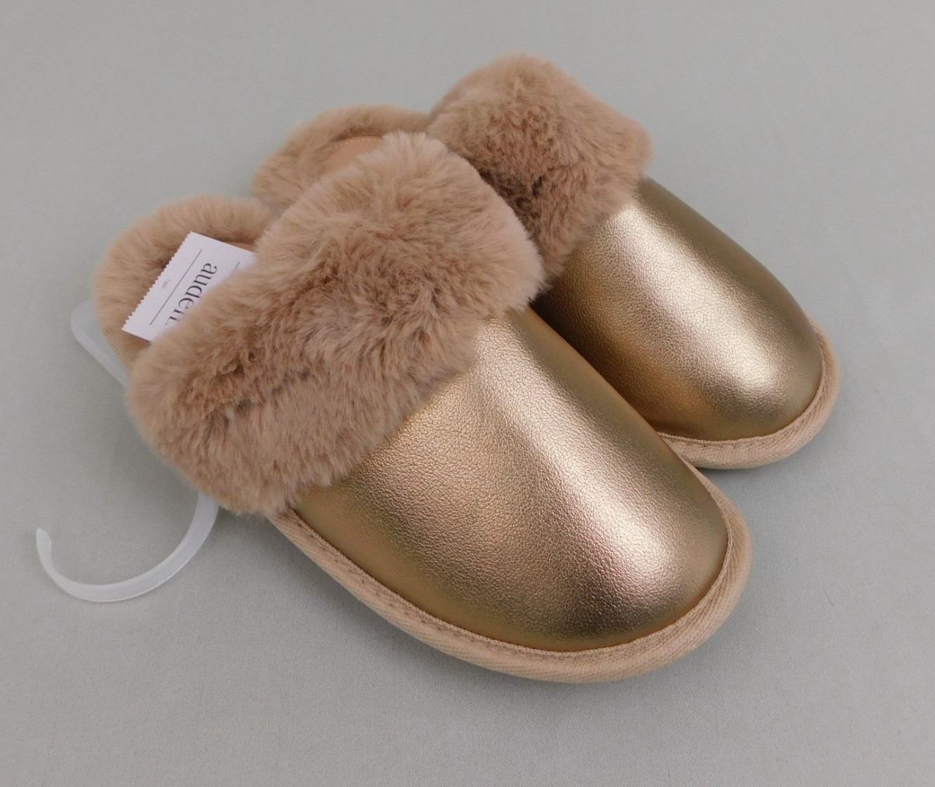 Auden Women's Rae Metallic Faux Fur Scuff Slippers Tan/Gold 11-12 XL #6169