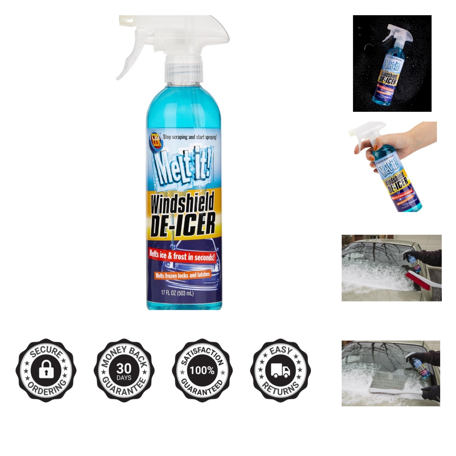 Quick Action 17 Fl Oz Windshield De-Icer Spray - Cleans & Protects Glass