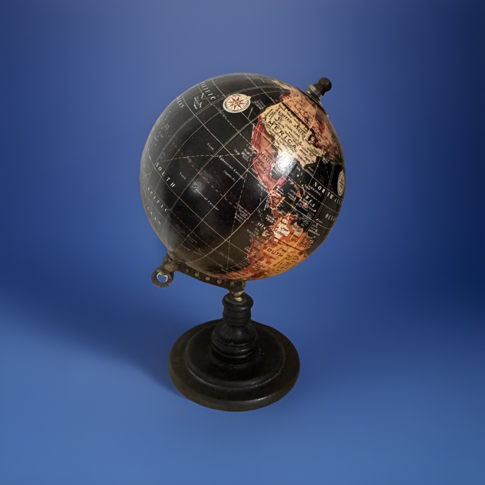 Decorative Table Top Spinning Globe W/ Black Details Measures 8” Tall