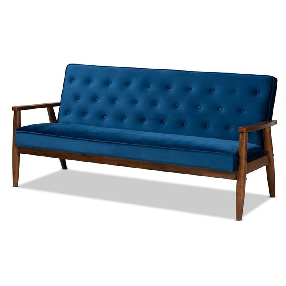 Baxton Studio Sorrento Navy Blue Velvet Upholstered Walnut Wood 3-seater Sofa