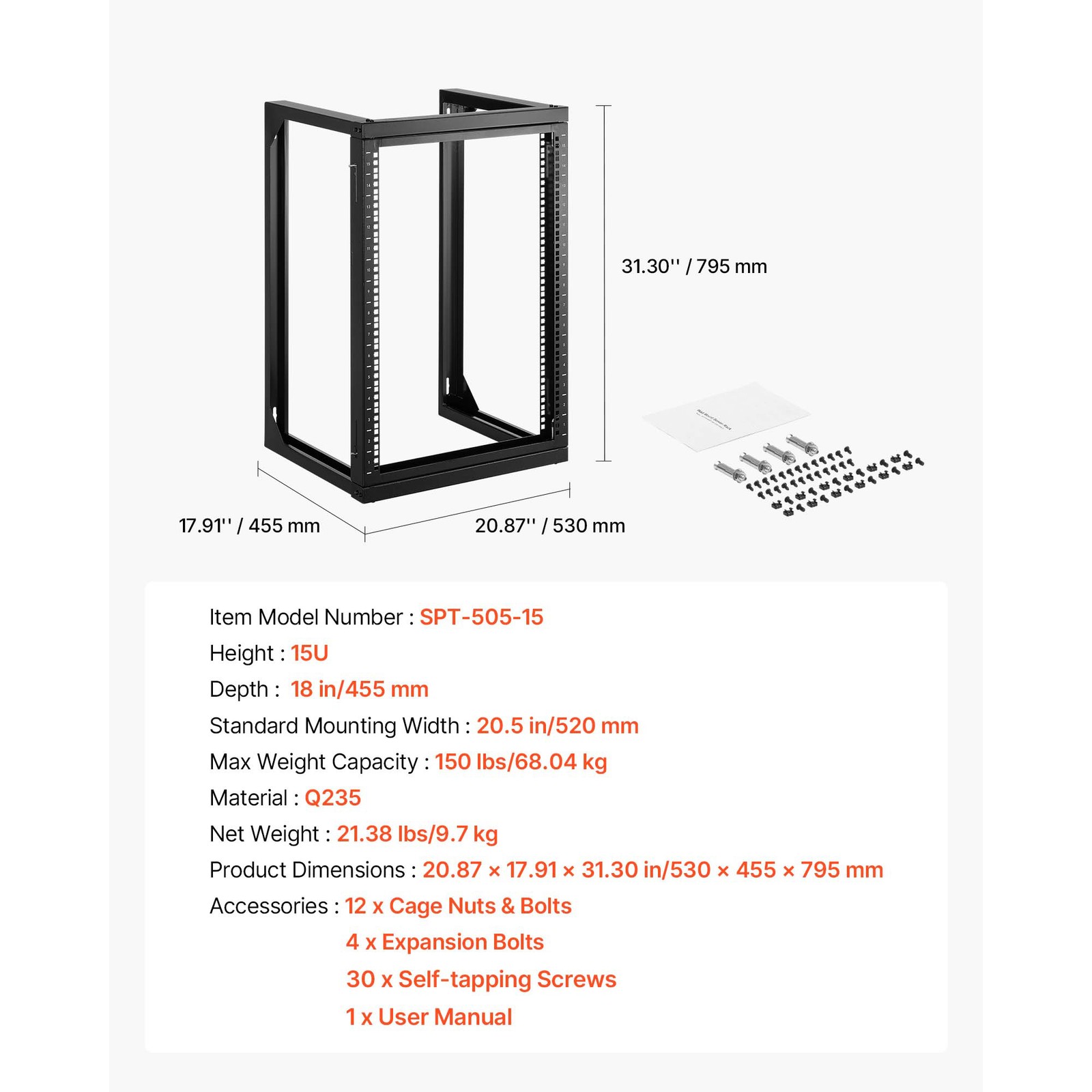 Uimoso 15U Wall-Mounted Open Frame Network Rack, 150 lbs Capacity, 180° Rotation
