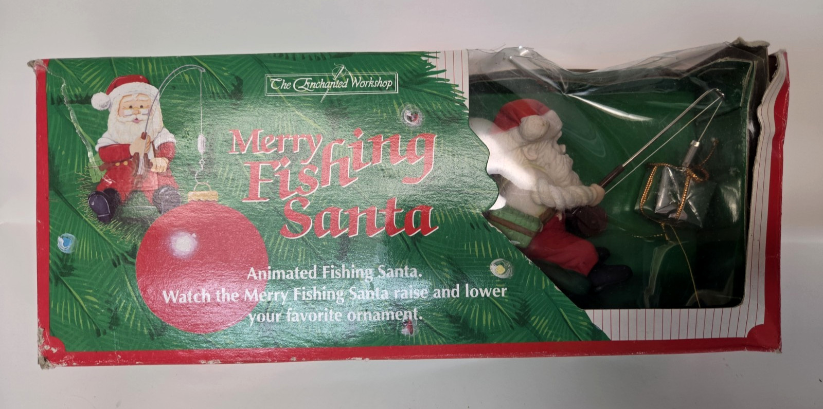 1992 Enchanted Workshop Merry Fishing Santa Animated Christmas Ornament NEW