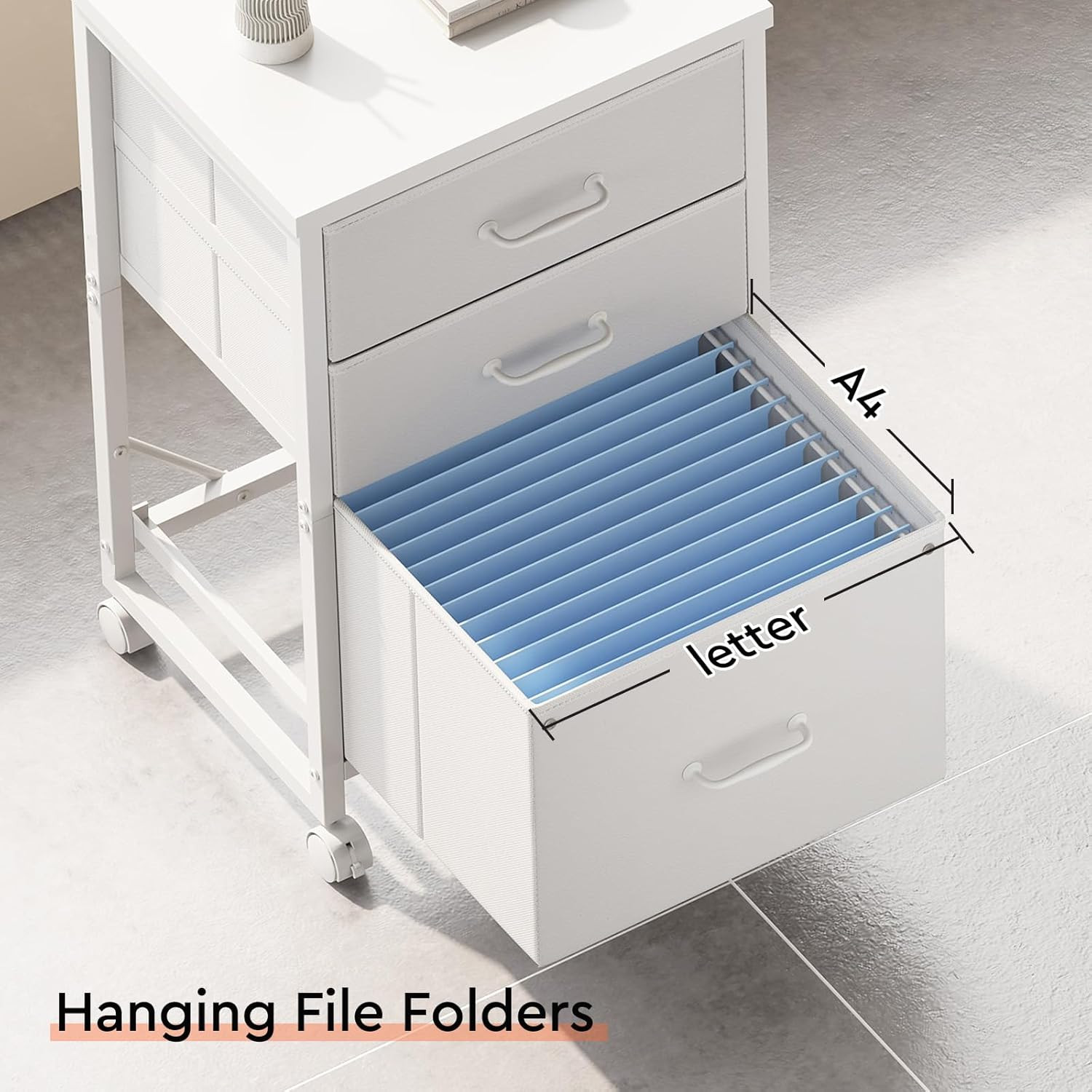 3 Drawer Mobile File Cabinet with Wheels Fabric Vertical Filing Cabinet Fits A4