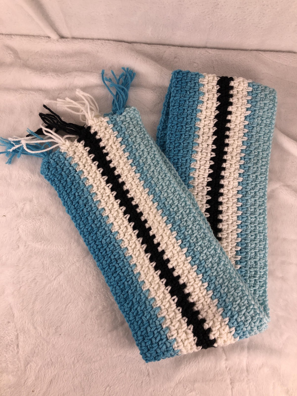 Handmade Crochet Scarf Blue White Black Stripe Tassel Warm Winter Soft