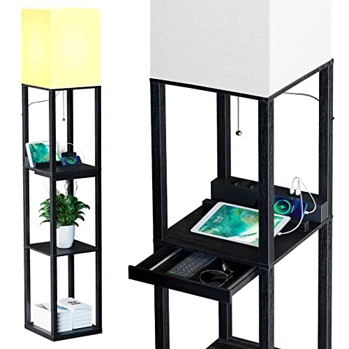 Black Solid Wood Floor Lamp with Shelves - Modern Dimmable - 1 Black